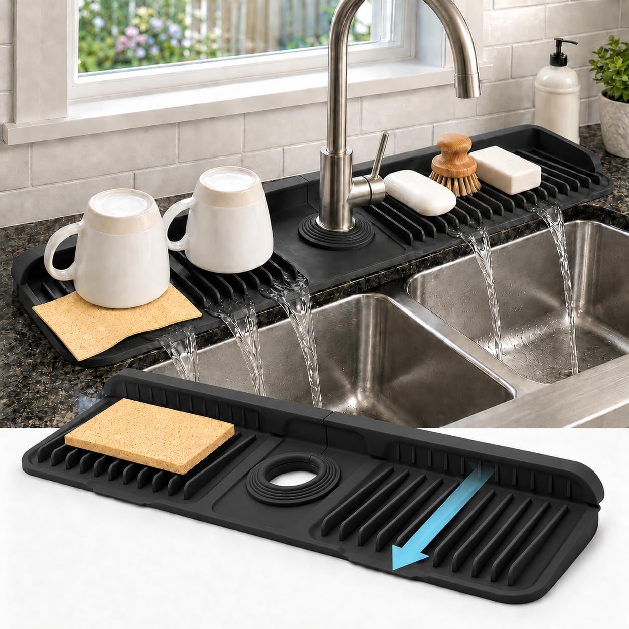 23" Extra Long Silicone Faucet Handle Drip Catcher Tray,7° Sloped Self Draining Mat with Snap-on Design & Soap Holder, Trim-to-Fit Opening,Sink Splash Guard for Kitchen & Bathroom(Green)
