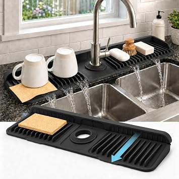 23" Extra Long Silicone Faucet Handle Drip Catcher Tray,7 Sloped Self Draining Mat with Snap-on Design & Soap Holder, Trim-to-Fit Opening,Sink Splash Guard for Kitchen & BathroomBlack