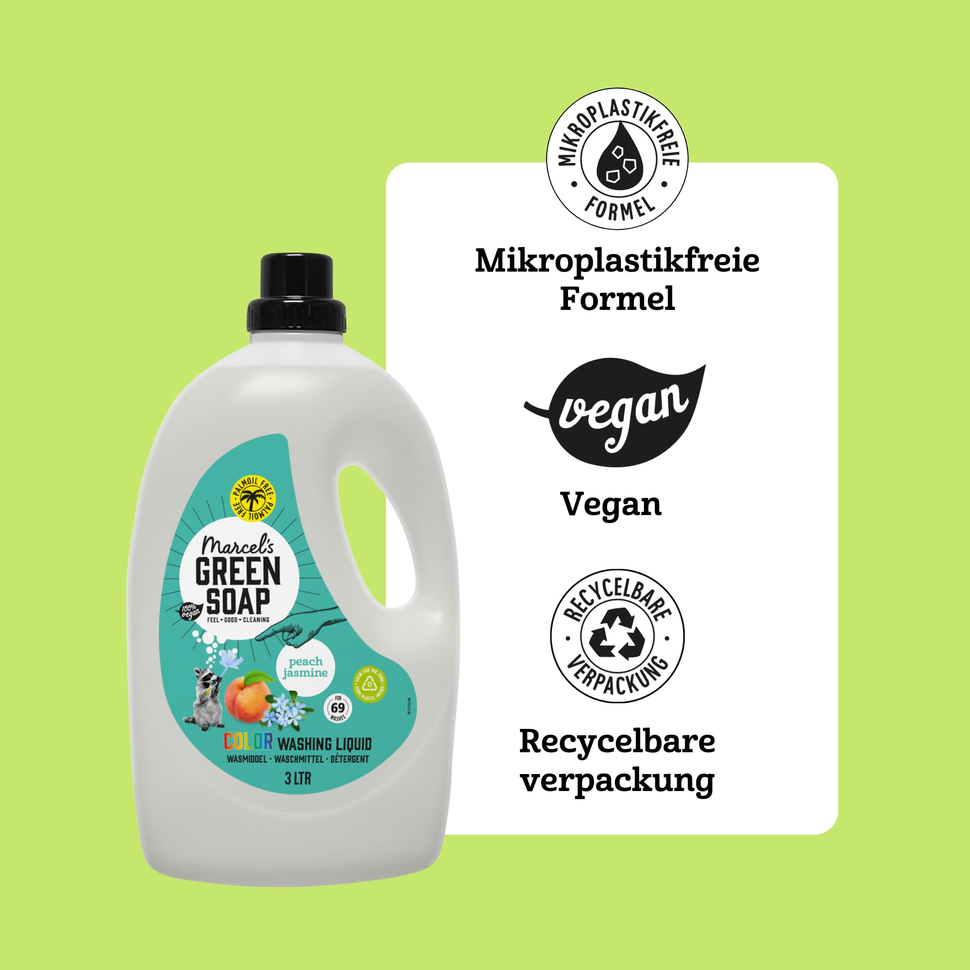 Marcel's Green Soap Farbwaschmittel Pfirsich & Jasmin - Vorteilspack - Mikroplastikfreie Formel - Vegan - 100% recycelte Plastikflasche - Nachfüllbar - 276 Waschgänge - 3L (4er Pack)