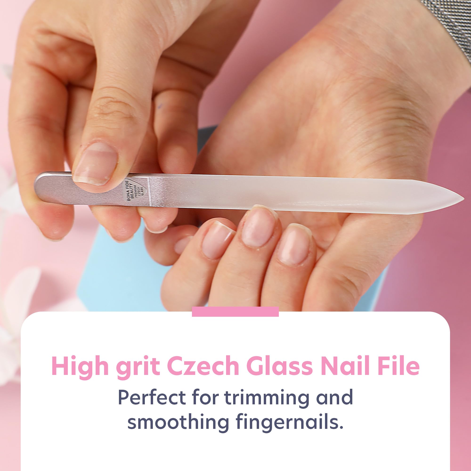 Juego de regalo de manicura de cristal checo de alta calidad, listo para regalar, juego de manicura y pedicura con caja de regalo en oro rosa, vidrio checo Bona Fide Beauty