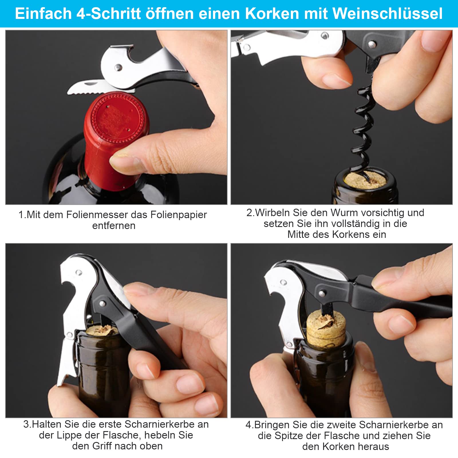 Korkenzieher Weinflaschenöffner mit Weinverschluss Corkscrew Edelstahl 2 in1 Flaschenkorkenzieher Set mit Folienschneider Wein Öffner Screwpull Flaschenstopfen Weinöffner für Camping, Zuhause, Küche