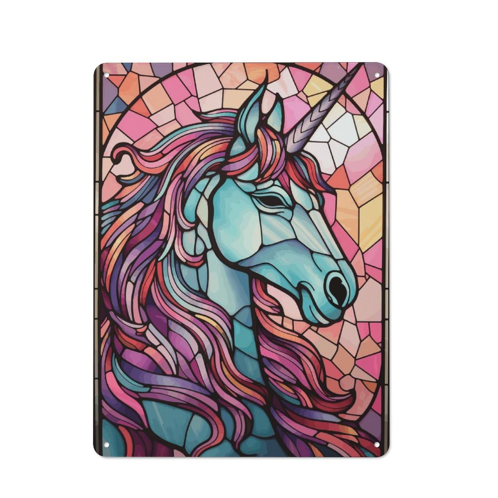 Junmoney Unicorn Stained Glass Industrial Metal Wall Decor 40X30cm, Metal Wall Sign For Tool Room, Garage, Studio Or Home Bar