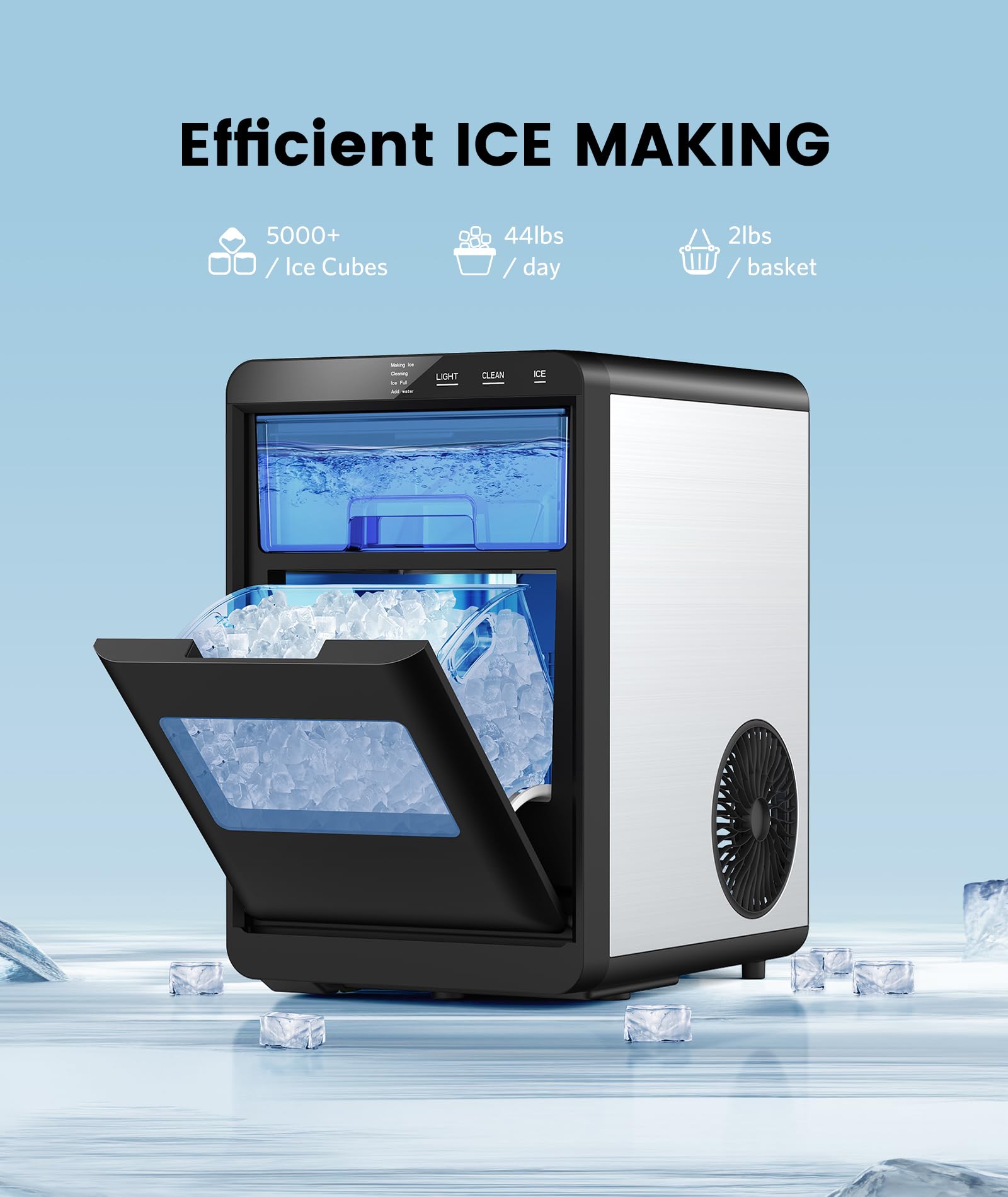 Nugget Ice Maker, 44Lbs/24H Ice Makers Countertop Crushed & Pebble Ice Machine with Handle, Auto-Cleaning Pellet Ice Machine with Basket and Scoop for Home/Party/Kitchen/Office(Brushed Silver) on Fridge.com