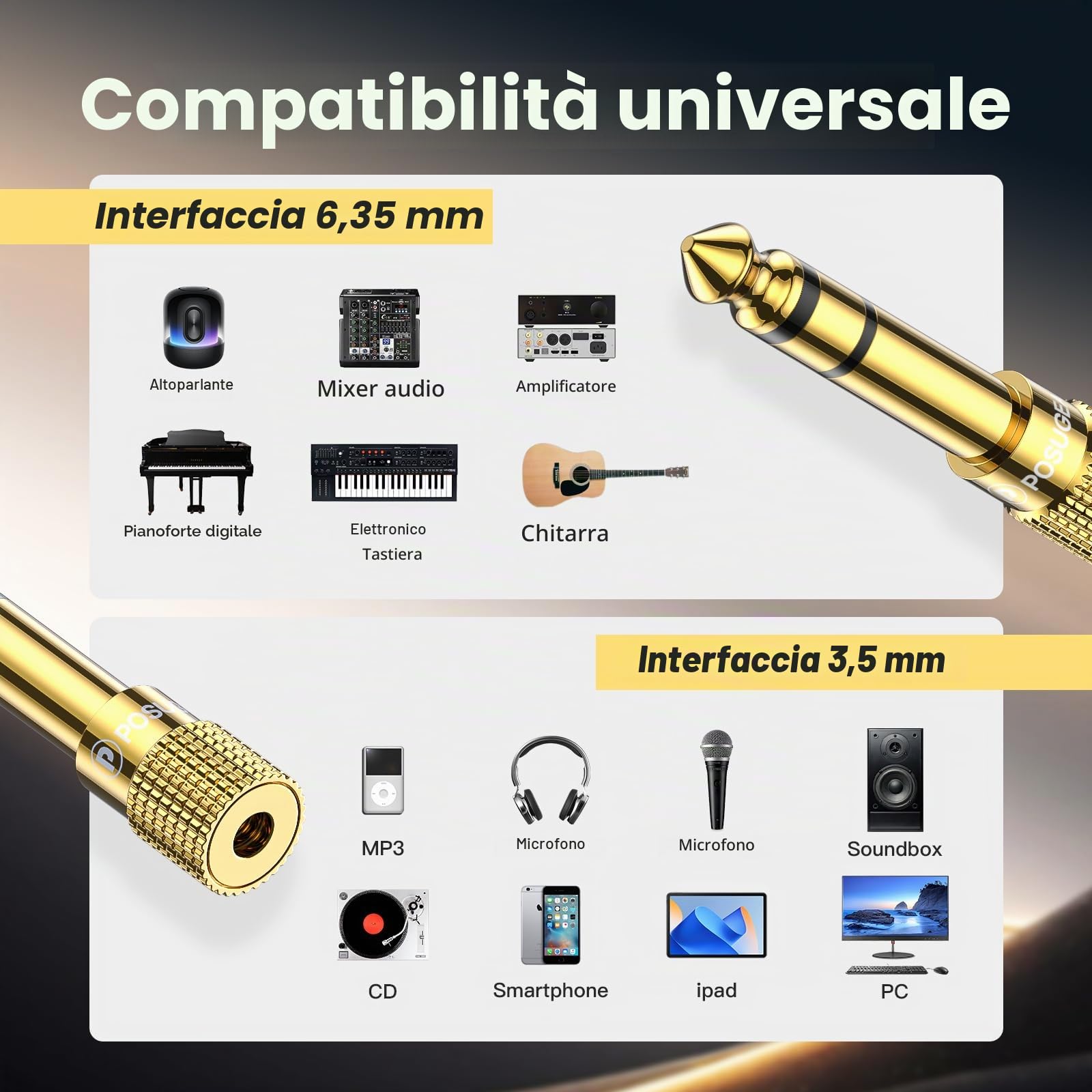 POSUGEAR Adattatore Jack Cuffie 6,35 mm maschio a 3.5mm femmina, Connettore Jack Cuffie Stereo 6.3 a 3.5 Placcato oro Compatibile Altoparlante,Mixer Audio ect