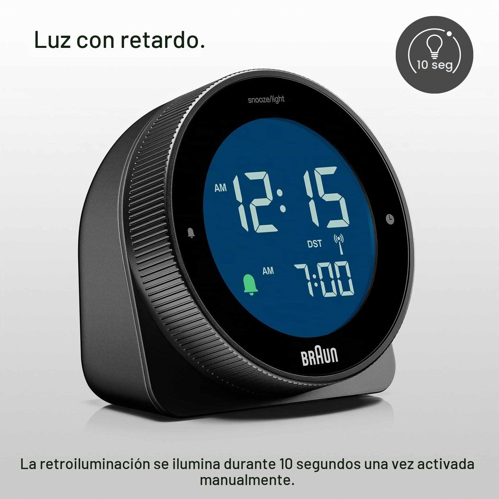 Braun Reloj Despertador Digital controlado por Radio para Zona horaria de Europa Central (DCF), Pantalla LCD inversa, Bisel Giratorio para Ajuste rápido de la Hora, Blanco, Modelo BC24B-DCF
