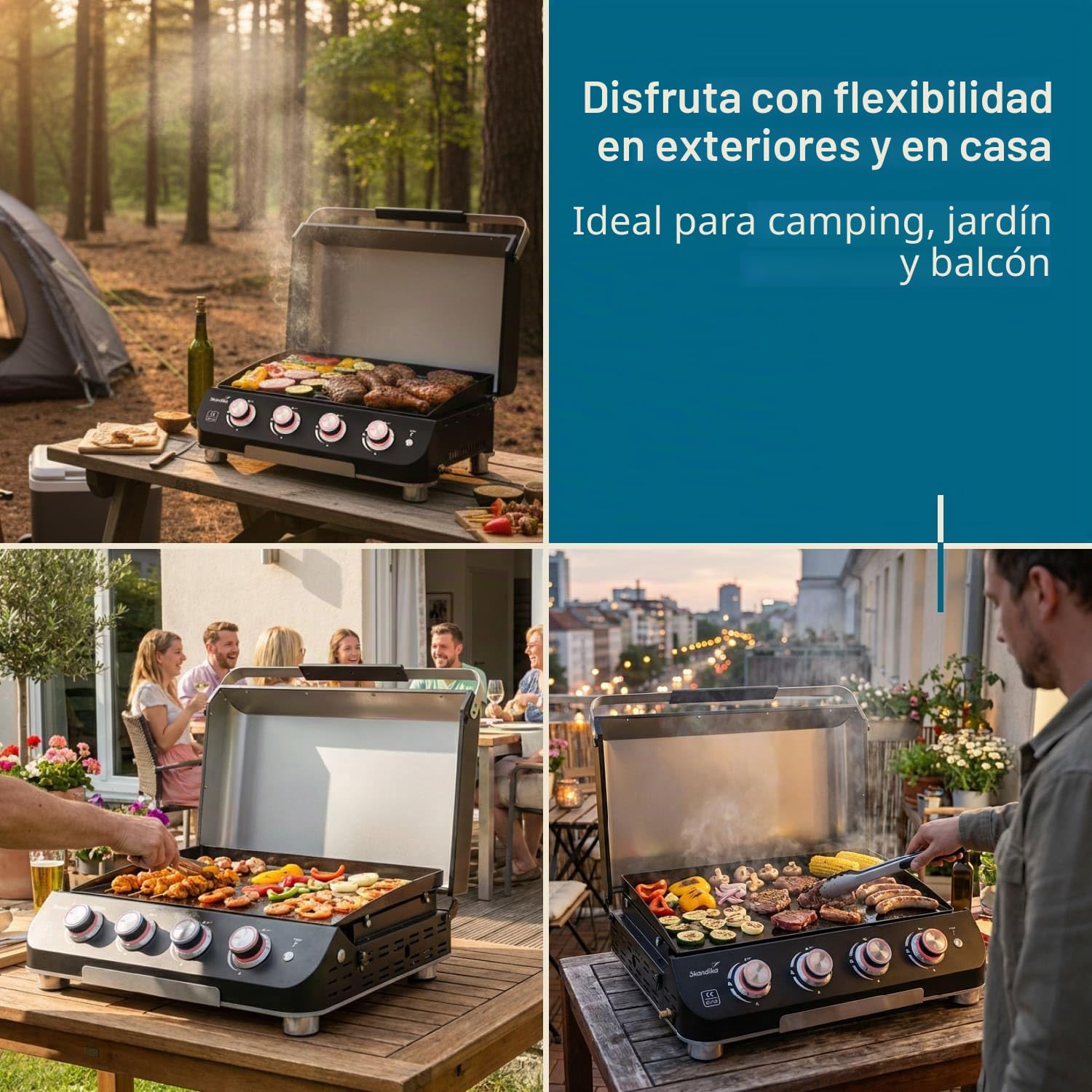 Skandika Plancha Grill Palo de 4 quemadores Plus - Plancha de gas con tapa - barbacoa de gas portátil con placa de cocción - Patas regulables en altura - Bandeja recogegrasa