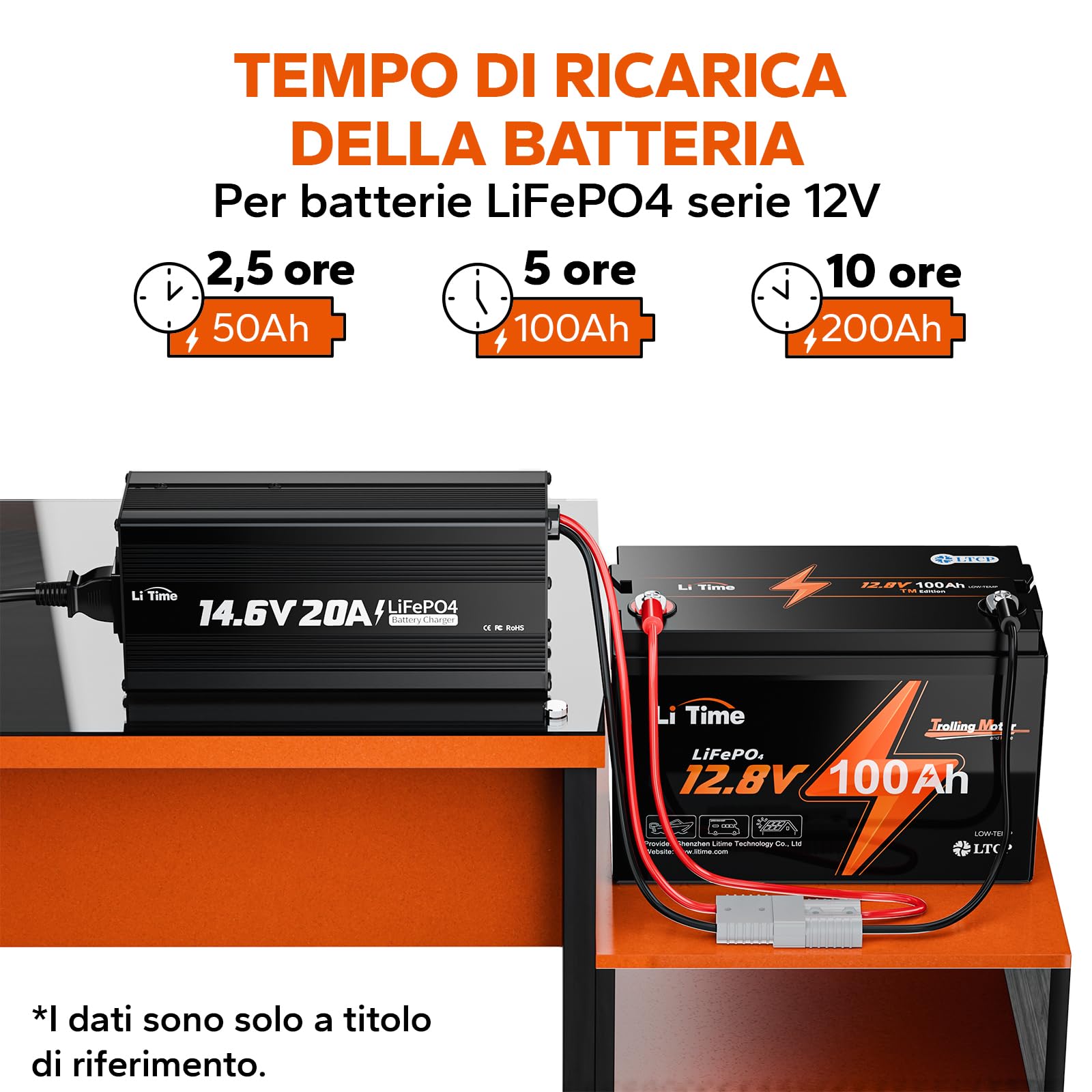 LiTime 12V 20A Caricabatterie per Batterie Litio, 14,6V 20A AC-DC Caricatore con Connettori Anderson e Indicatori LED, Caricabatterie LiFePO4 12V per Camper, Case, Off-Grid e Solari