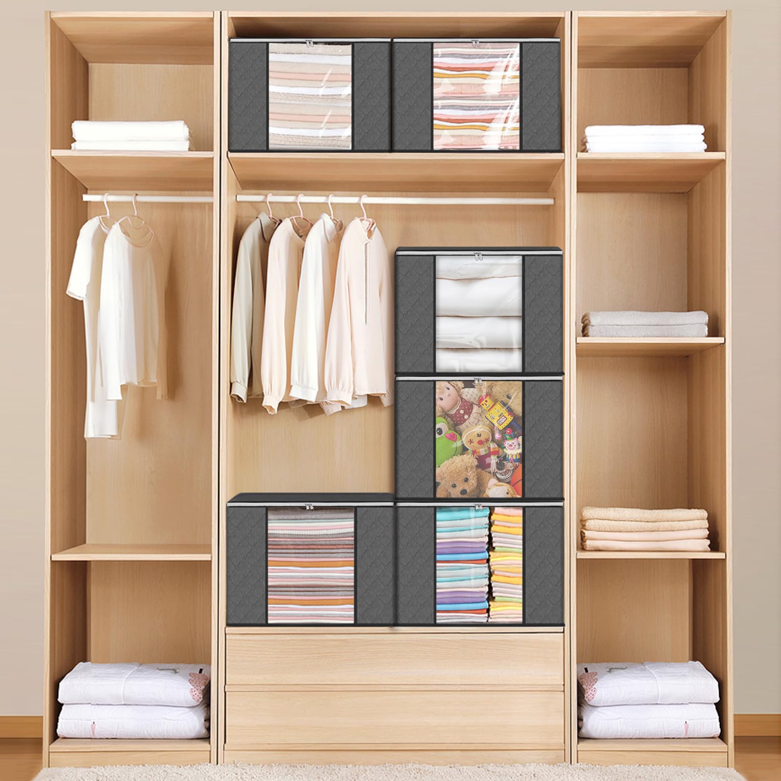6 Pezzi 90L Scatole per Vestiti, Contenitori per Armadio Salvaspazio Pieghevole con Manico rinforzato Organizer Armadio, contenitori sottoletto per Coperte, Biancheria da Letto, Grigio