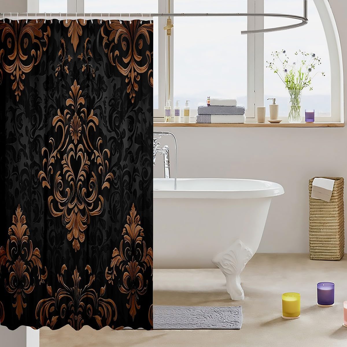 Erosebridal Black Brown Gothic Bathroom Accessories 72" Wx72 L,Vintage Boho Damask Floral Bathroom Curtain,Bohemian Exotic Goth Shower Curtain Victorian Baroque Flower Shower Bathtub Decor image 3