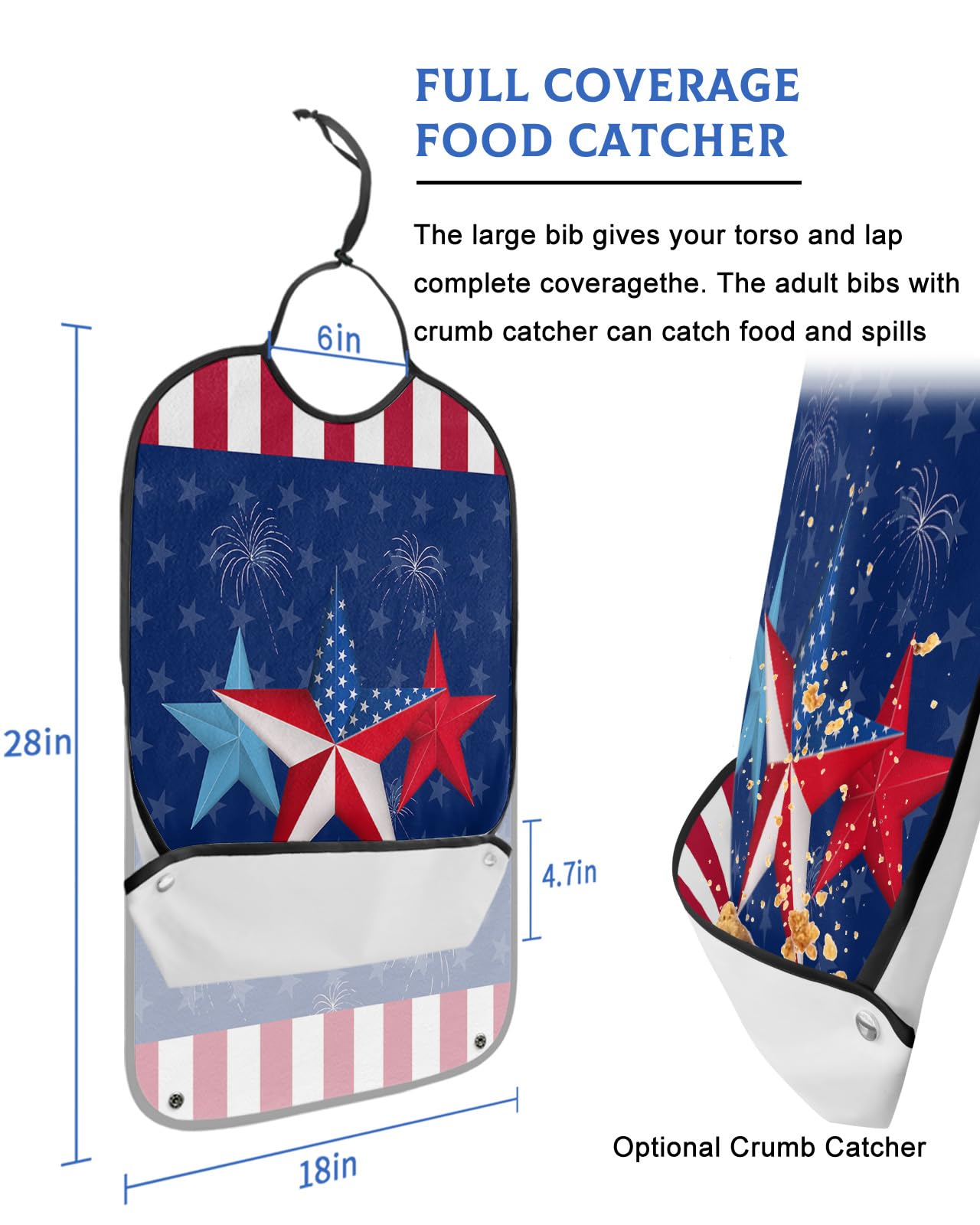 Kewadony Adult Bibs for Elderly Women - 4th of July Waterproof Dining Clothing Protectors with Crumb Catcher for Eating/Feeding, Independence Day American Flag Red White Terry Cloth Bib Washable