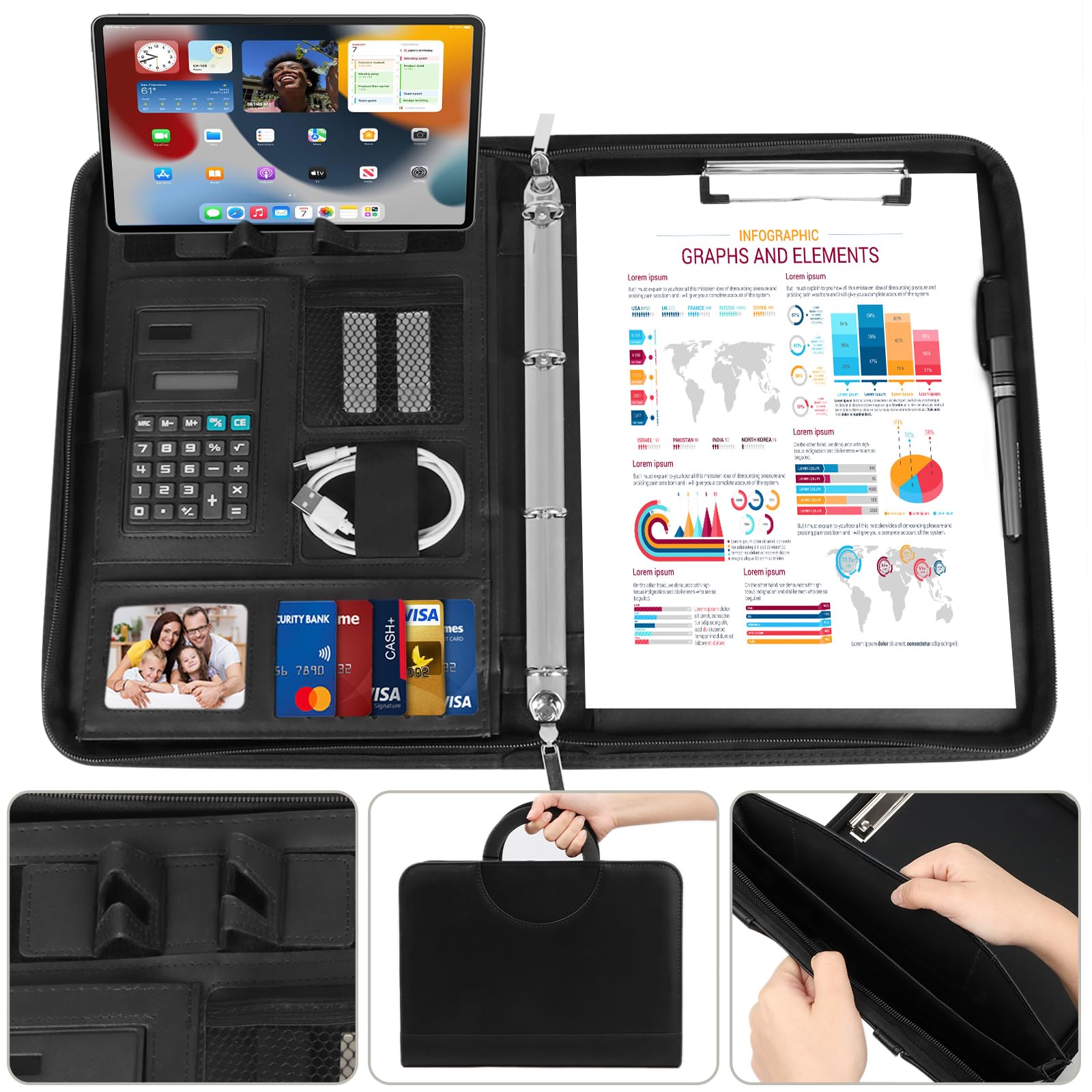 Cartella Portadocumenti A4 Zipper in Pelle con Manici Magnetici Pieghevoli, 2 Scomparti, Supporto Tablet, Nero
