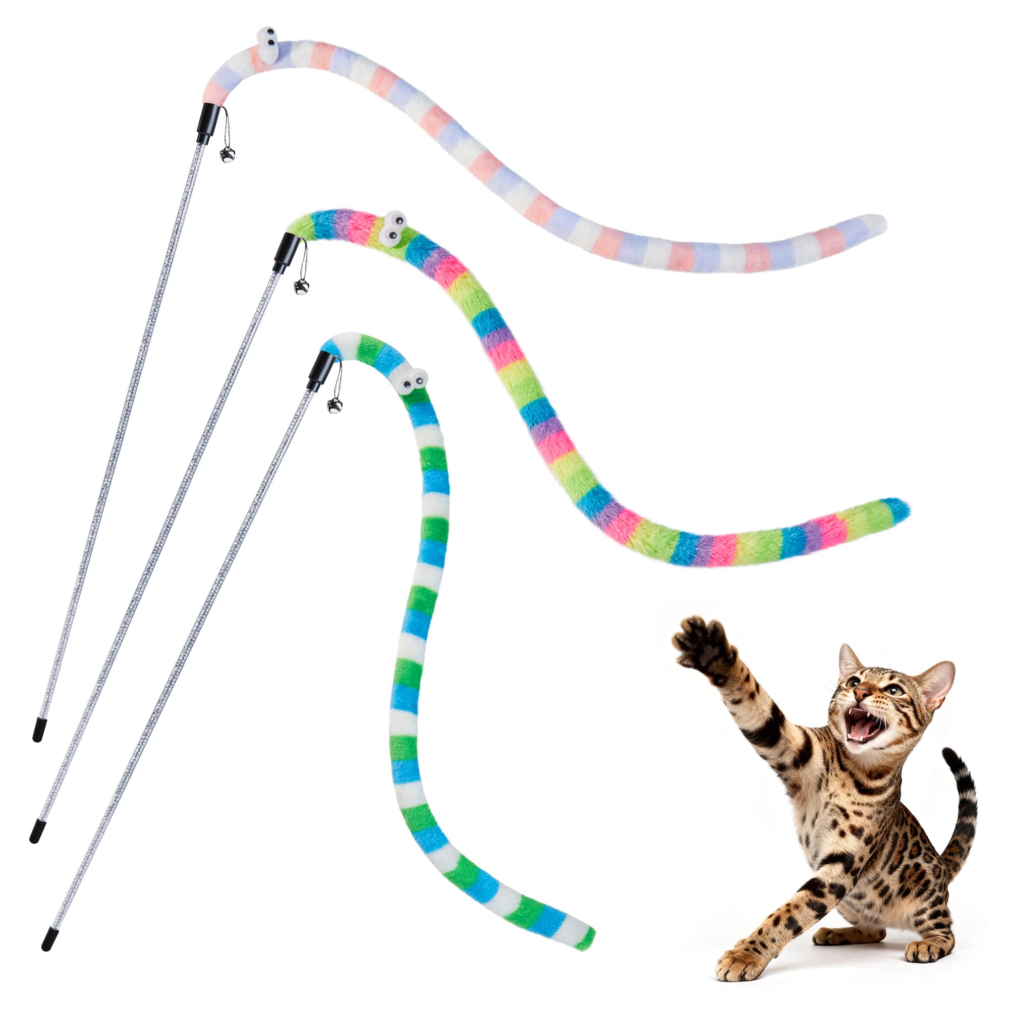 Potaroma Rainbow Caterpillar Cat Wand Toys with Bells, 3 Pack