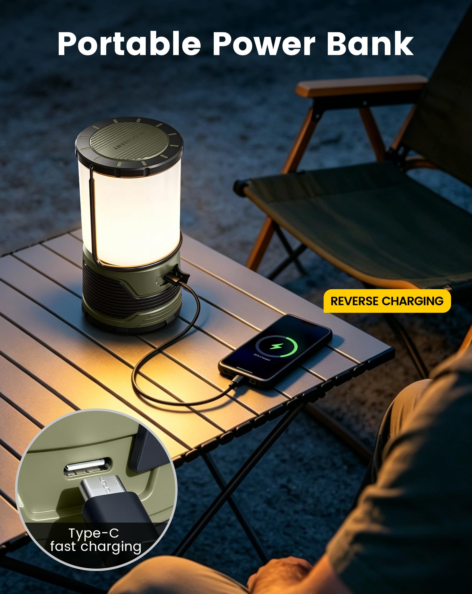 Glocusent Lampa Kempingowa 1200LM, Ładowalna, 7 Trybów Światła, Akcesoria, Powerbank USB-C 5000mAh, IP45, na Huragany, Awaryjnie, Blackouty
