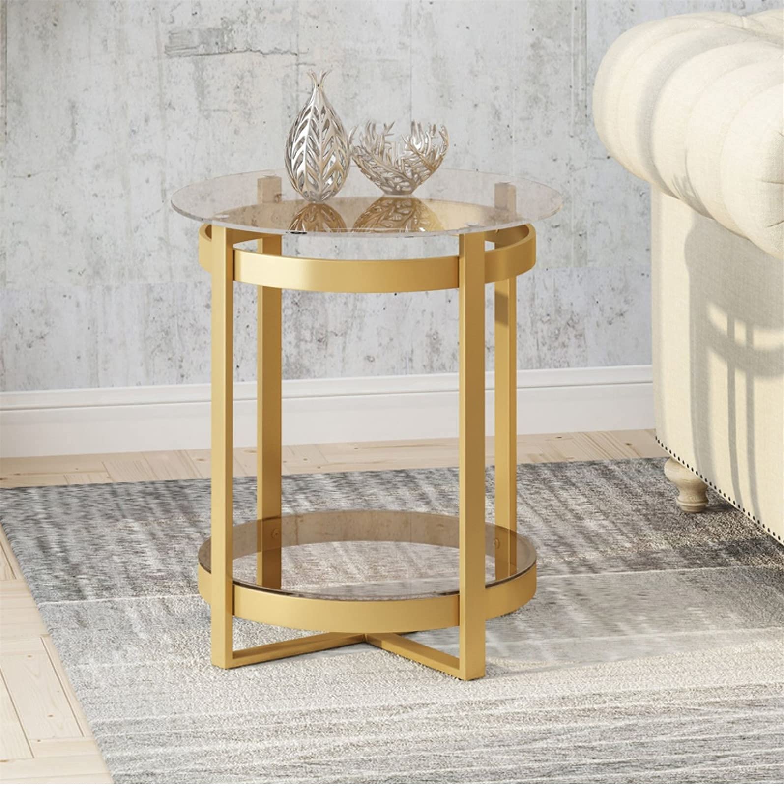 Runde Glas-Beistelltische, Wohnzimmer-Ausstellungstisch, Akzent-Couchtisch, stabiler Metall-Beistelltisch mit Goldrahmen und 2-stufiger Marmorplatte, Gold, 45 * 45 * 60 cm, aus China Comfortable