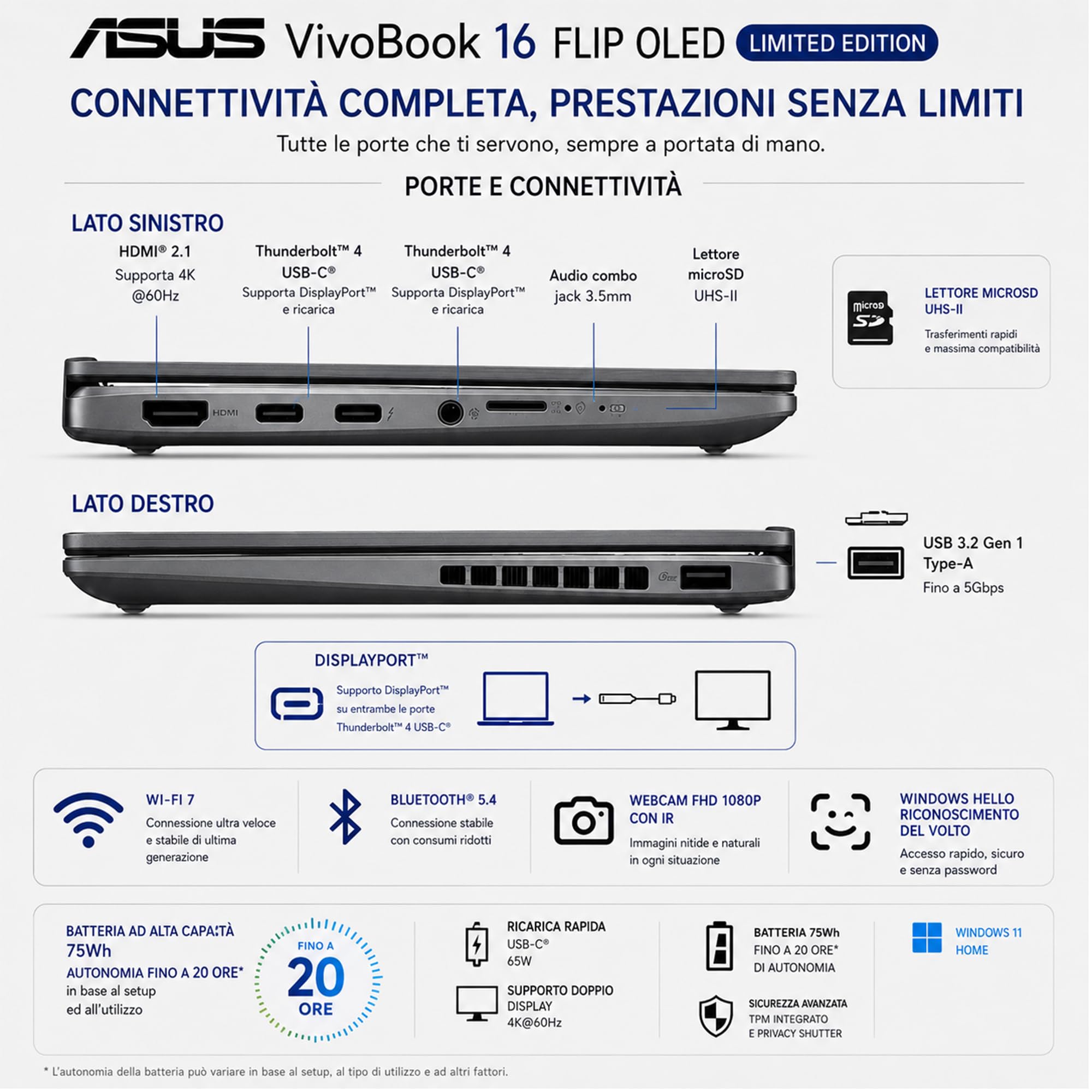 ASUS Vivobook 16 FLIP, Intel® Core™ Ultra 7 258V, Intel Arc Pro, Display OLED Touchscreen 16" WUXGA FHD+, DDR5 32Gb, SSD 1Tb, Win 11, Wi-Fi 7, bt 5.4, tastiera retroilluminata, Pen, Gar 3 Anni