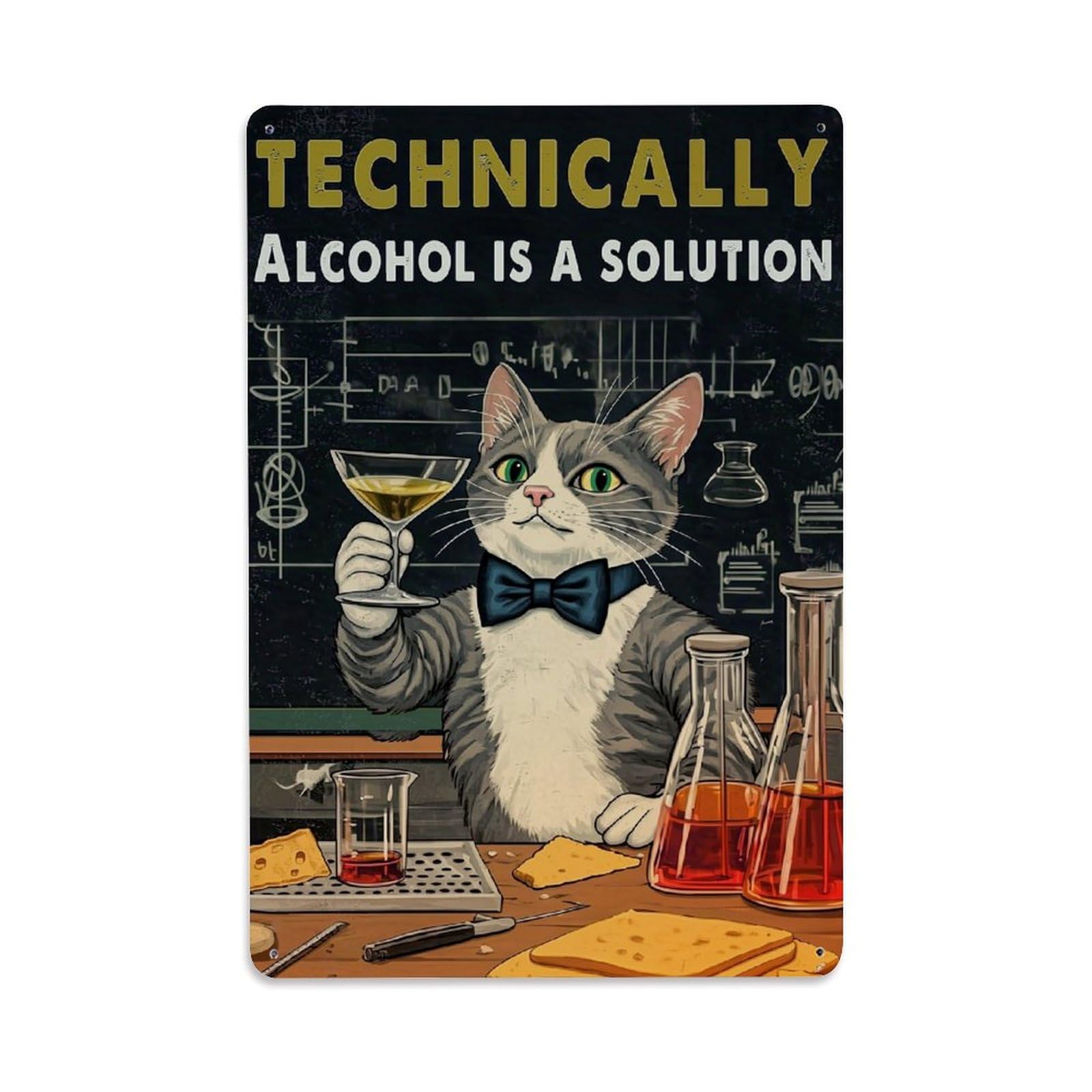 Bliveurn Vintage Cat Holding Alcohol Solution Retro Metal Tin Sign, Metal Poster For Home, Gaming Room, Studio Workshop,Bar,Garage Wall Art Decor 8X12 Inch