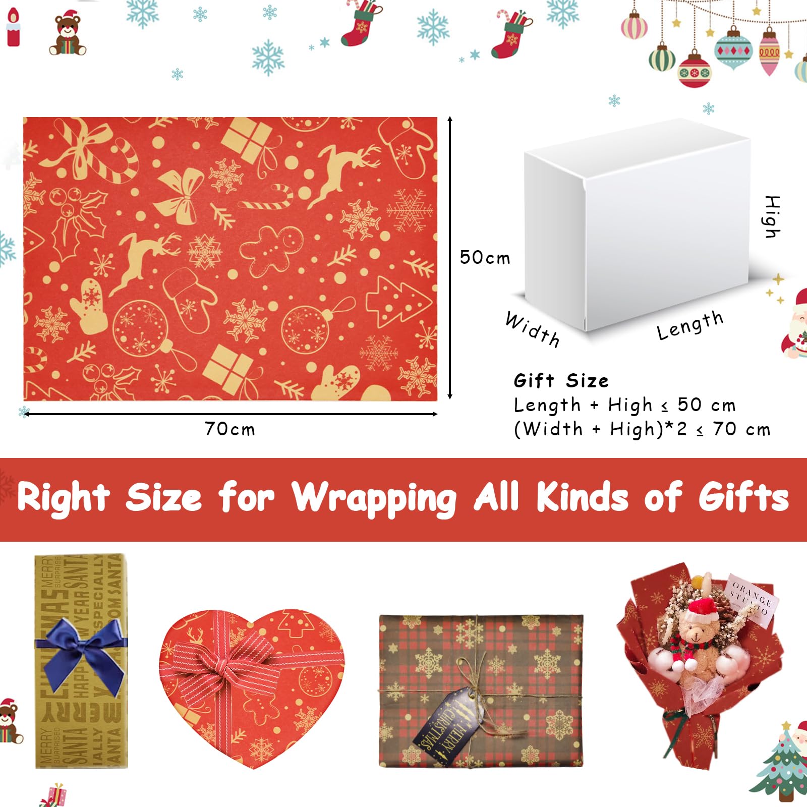 Papel De Regalo De Navidad Kraft - 12 Hojas De 70x50 Cm, Con Etiquetas Y Cuerda, Diseños Navideños Variados, Reciclable Y Resistente