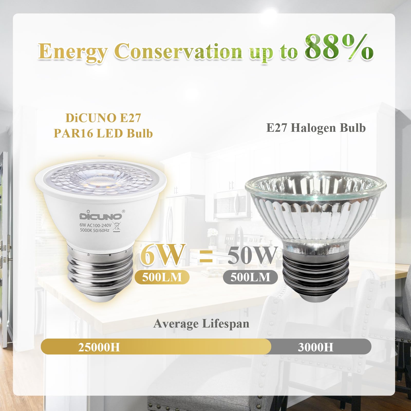 DiCUNO E27 LED Bulb 6W, E27 ES Light Bulbs MR16, Daylight White 5000K, 50W Halogen Replacement, 500LM - Image 4