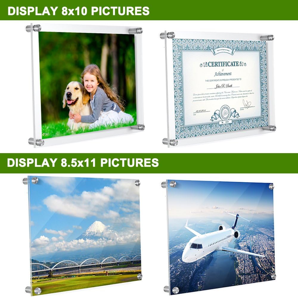 Meetu 8.5x11 Acrylic Picture Frames (4 Pack) -Inner 8x10 Wall Mount Photo Frame Frameless Clear Floating Frame for Document Certificate Artwork