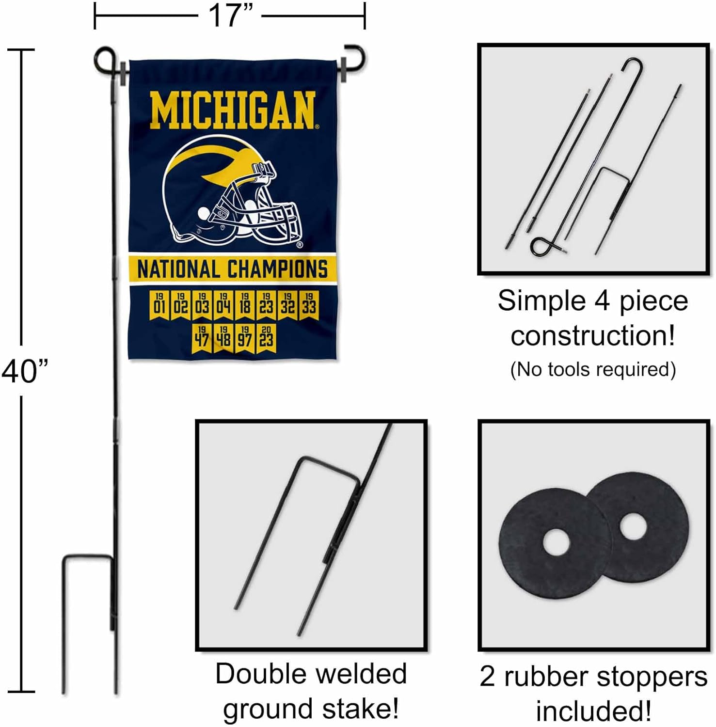 College Flags & Banners Co. Michigan Team University Wolverines 2023 and 12 Times 12x Football National Champions Garden Flag with Pole Stand Holder