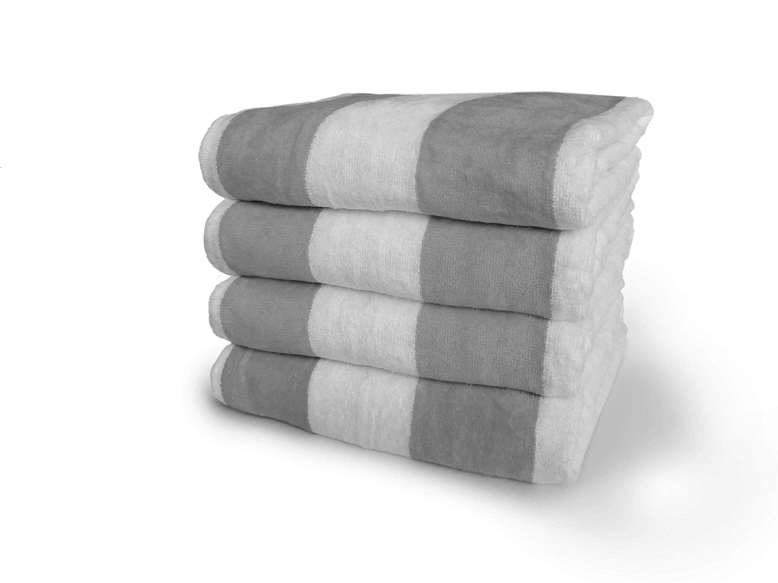 Maya Island World Famous Plush Velour 100% Cotton Beach Towels. Do not Settle for Polyester! Cabana Stripe Pool Towels for Adults. (Gray/White, 4 Pack- 35