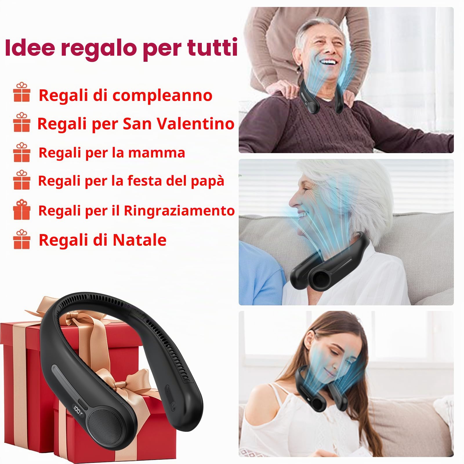 Ventilatore da collo portatile, senza pale, 6000 mAh, ricaricabile tramite USB, flusso d'aria a 360°, display a LED, 4 velocità, ventilatore a mani libere per esterni e interni, regalo di compleanno