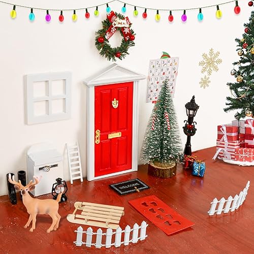 WILDPARTY Kit de 21 piezas de puerta de hadas de dientes en miniatura rojo de Navidad, mini puerta de elfo de madera con accesorios, juego de cuento