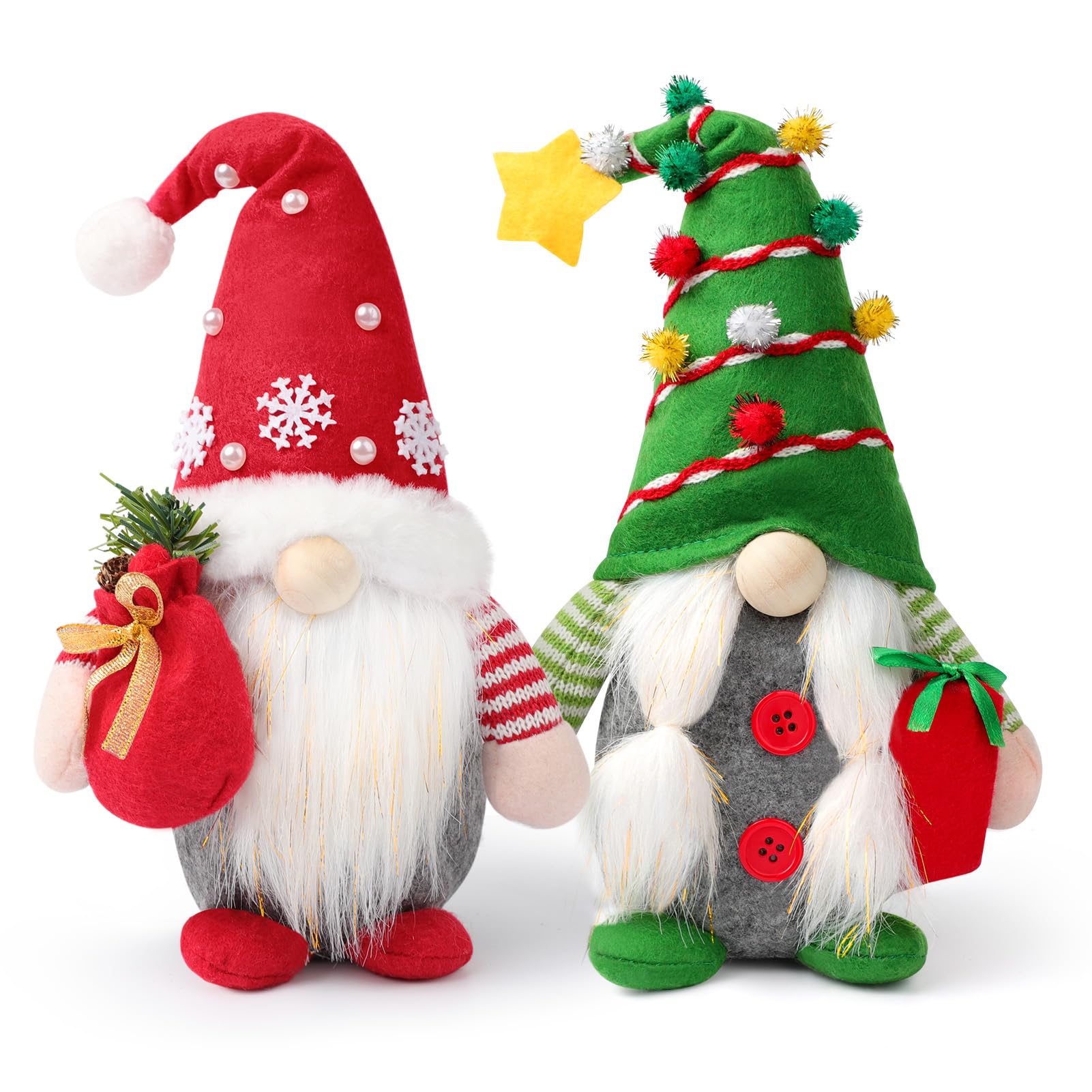 Yonsya Set of 2 Christmas Gnome Plush Decorations, Xmas Farmhouse Tiered Tray Decor-Red Green Handmade Scandinavian Tomte - Home Tabletop Elf Ornaments