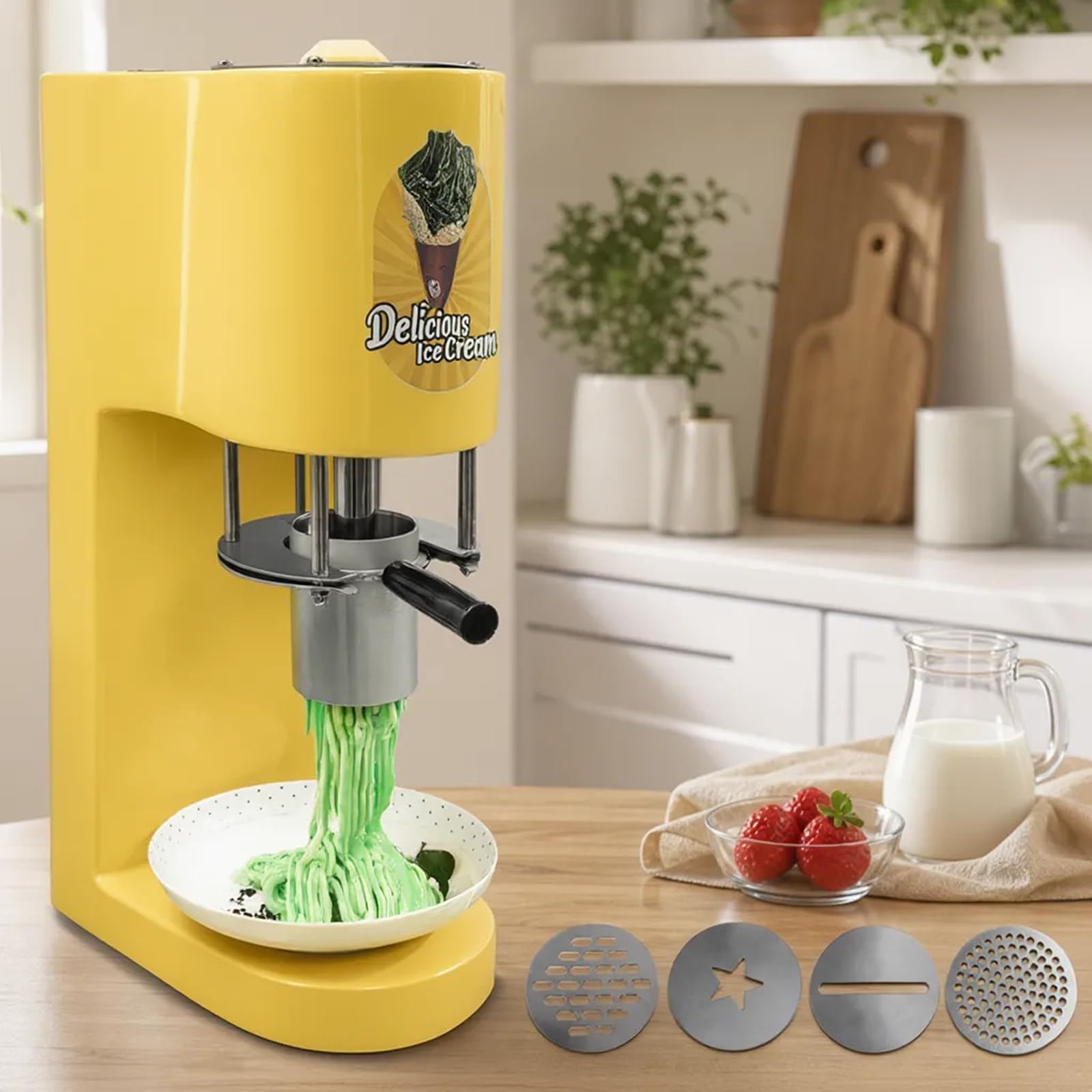 MáQuina De Espaguetis De Helado De Tipo Comercial, DiseñO Vertical Compacto Y Ahorra Espacio, 30l/H - MáQuina De Helado Suave Y Gelato con 4 Moldes De Formas Yellow