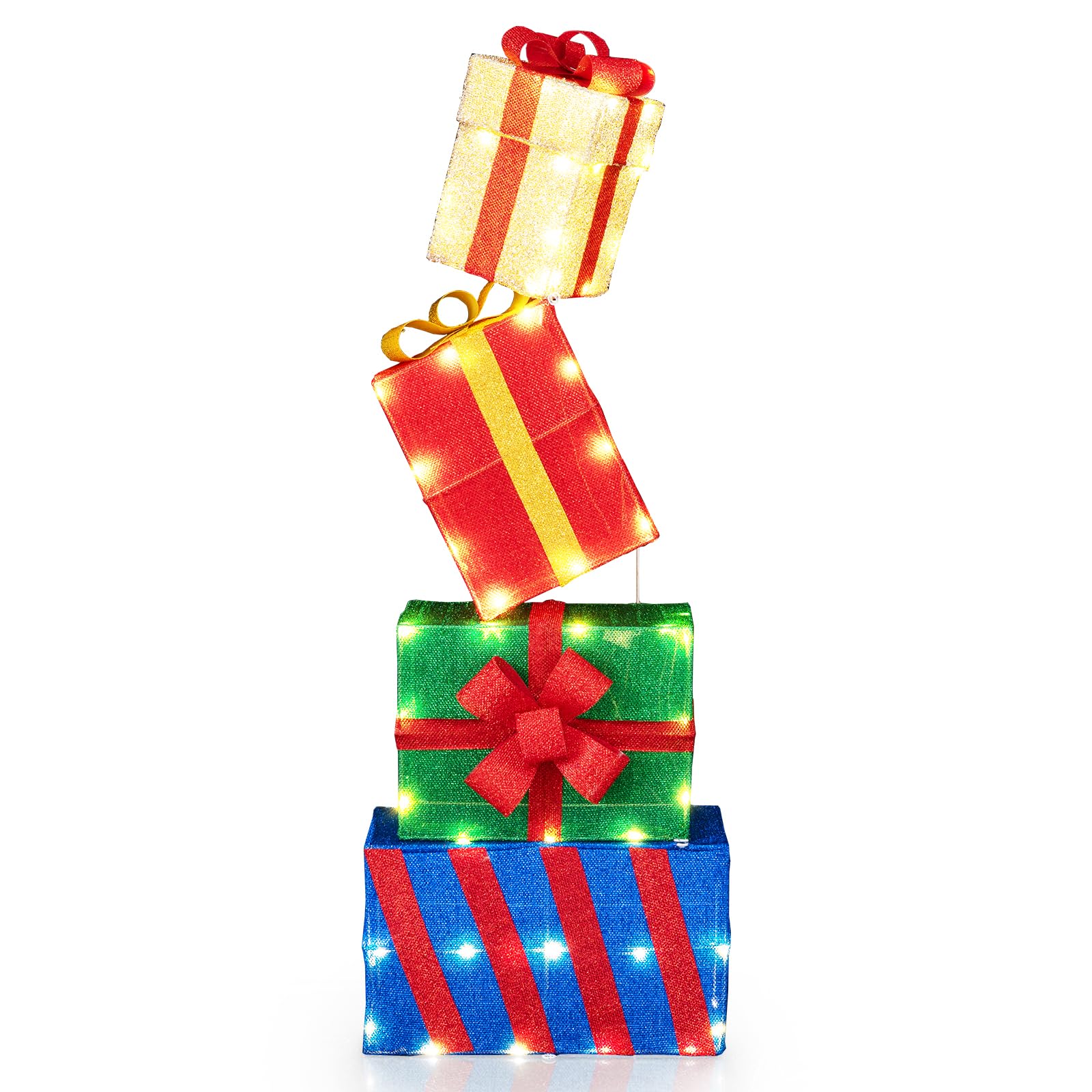COSTWAY Set di 4 Scatole Regalo Natalizie Illuminati, Scatole Regalo Luminose con Fiocchi Colorati, 52 Luci LED Bianco Caldo, Decorazione Festiva per Casa e Giardino