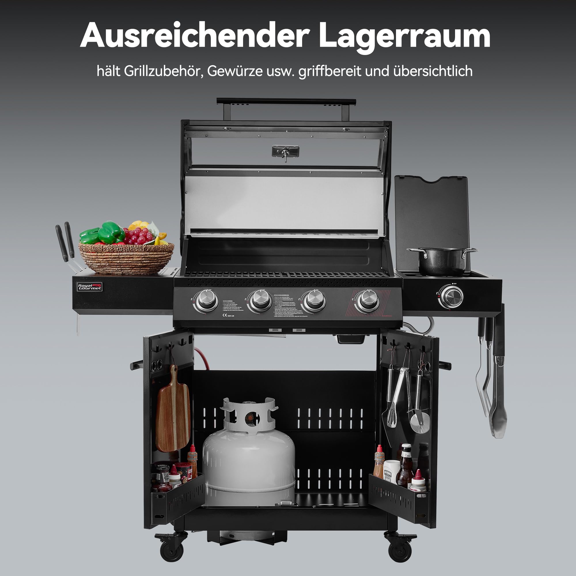 Royal Gourmet 4+1 Brenner Gasgrill Outdoor Gas Grillwagen mit Sichtfenster, Unterschrank, 15,5 kW Campinggrill mit Power-Zonen