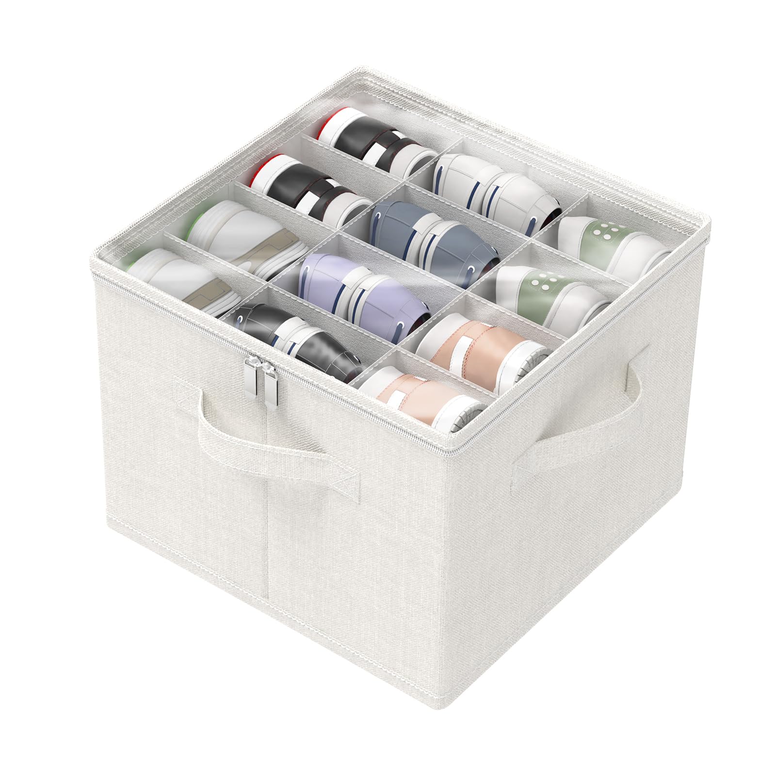 GUOHNHE Cajas Organizadoras, Cabe 12 Pares, Guarda Zapatero con Cubierta Transparente, Cestos Almacenaje Plegable con 3 Asas Reforzadas, 43 x 43 x 33 cm, Blanco Marfil, XSNX01WM-1