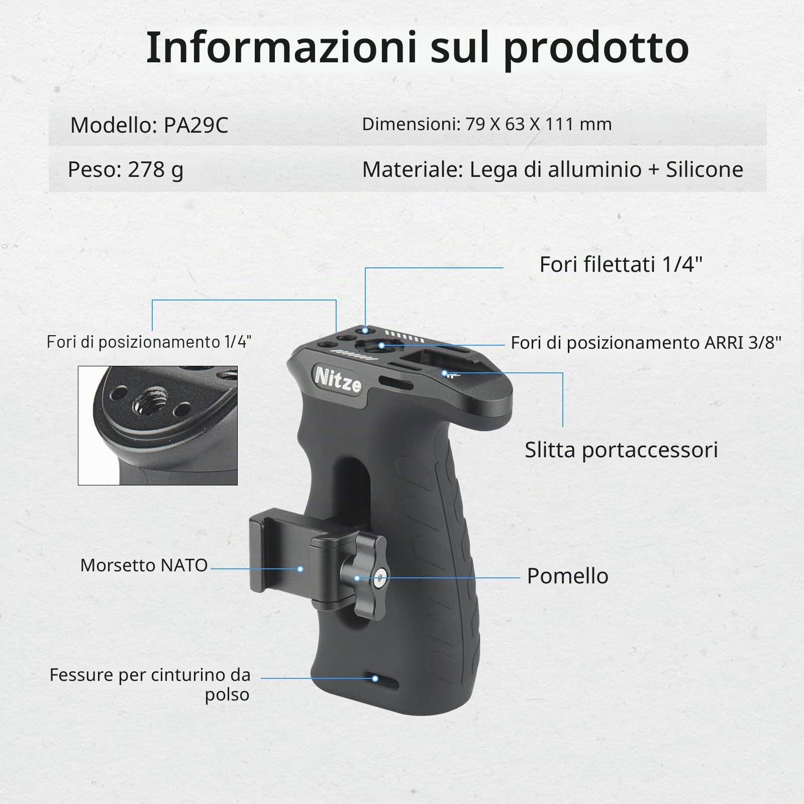Nitze Impugnatura laterale con NATO Morsetto, Ergonomica Maniglia Laterale per Mano Sinistra o Destra,Mini Side Handle Regolabile su e giù per Gabbia Fotocamera - PA29C