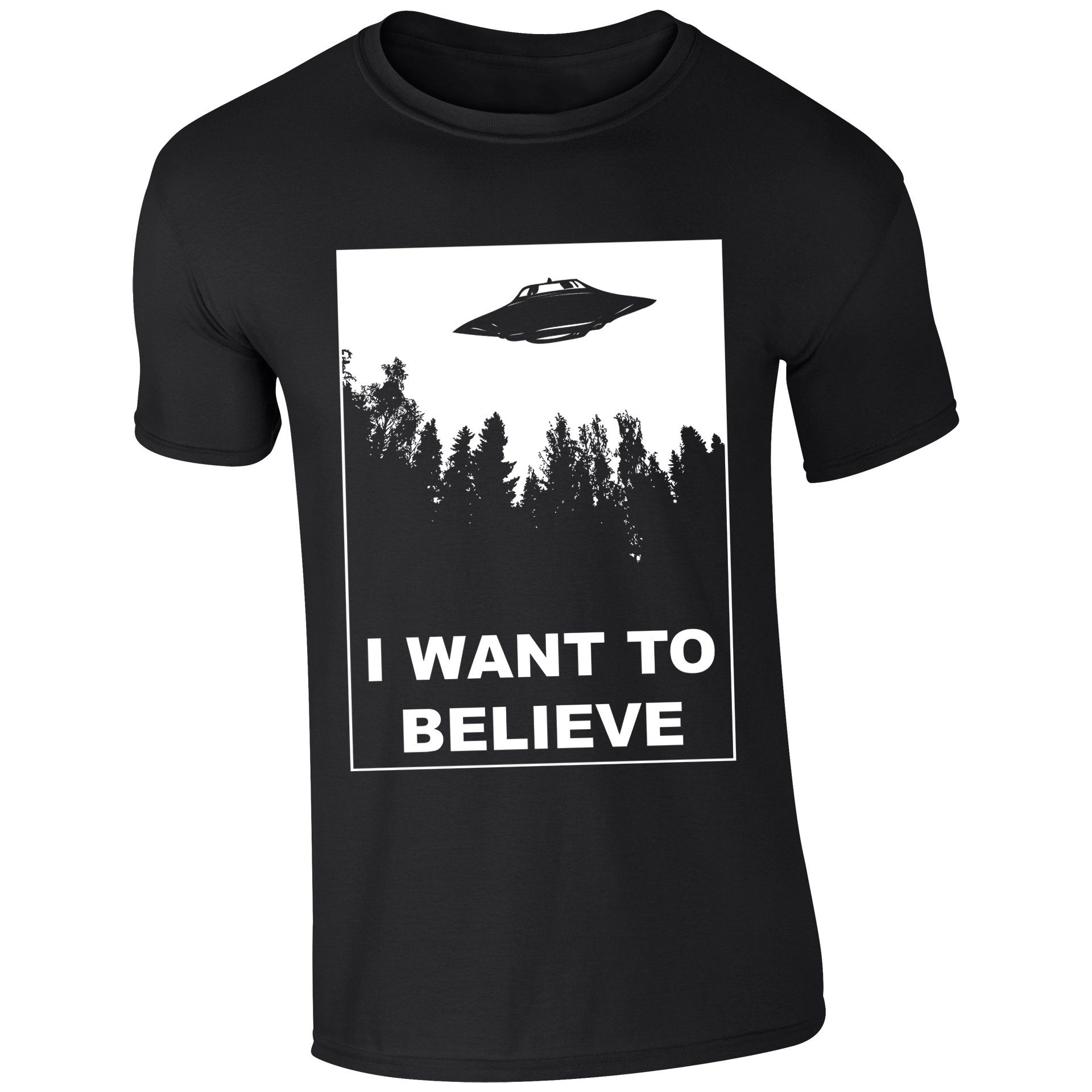 Mens I Want to Believe UFO Aliens X Files Inspired T-Shirt Black (M)