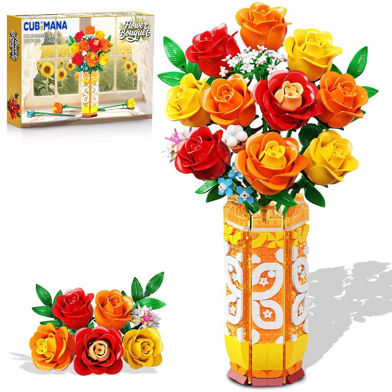 CUBIMANA Blumenstrauß-Bausatz mit Vase und LED-Licht, Gelbe, Orange und Rote Rosen, 3,6 mm, Mini-Botanik-Bauspielzeug, Geschenke für Freunde, künstliche Blumen für Büro, Heimdekoration und Ausstellung