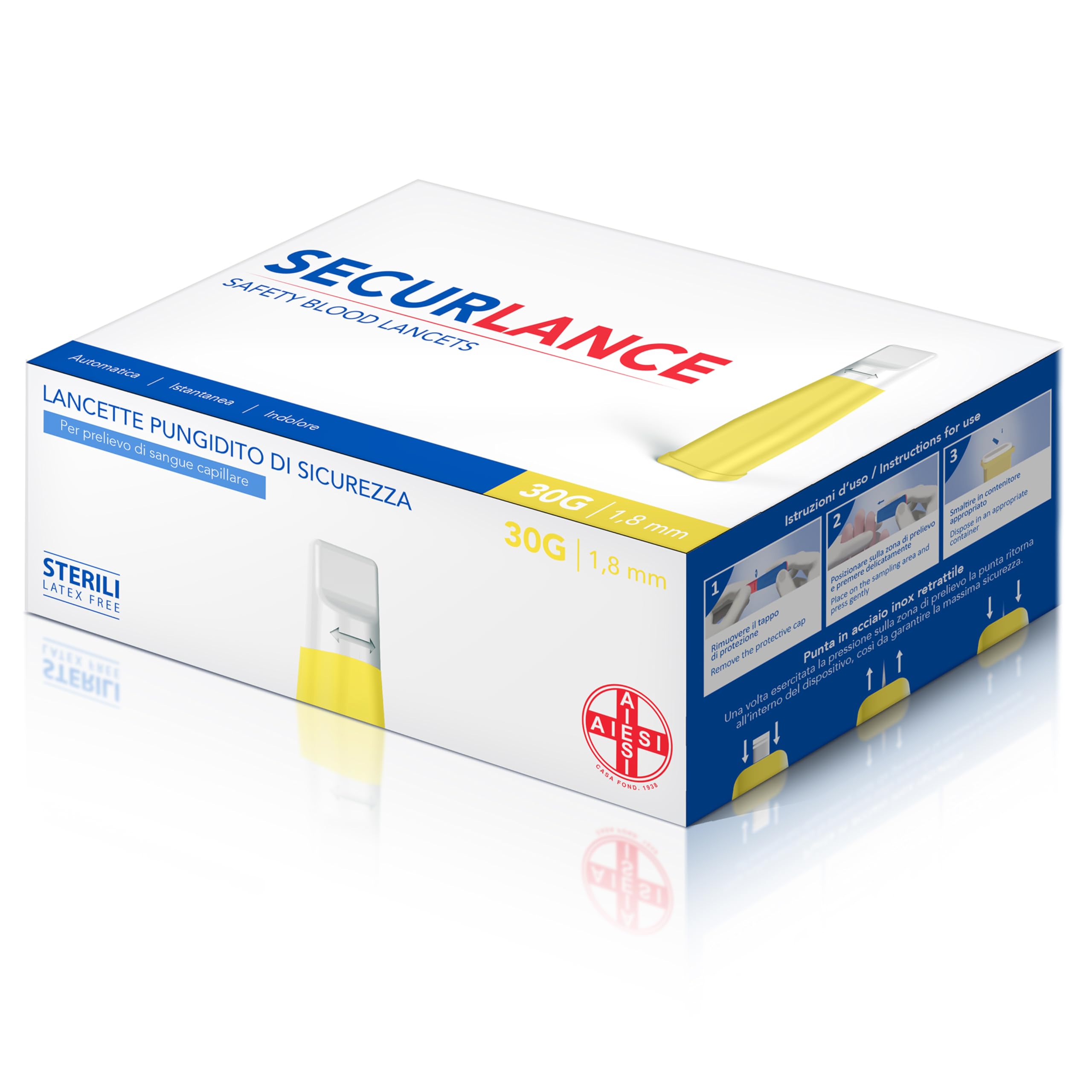 AIESI® Lancette pungidito per glicemia 30G (100 pezzi) sterili con sistema di sicurezza e punta in acciaio inox retrattile SECURLANCE