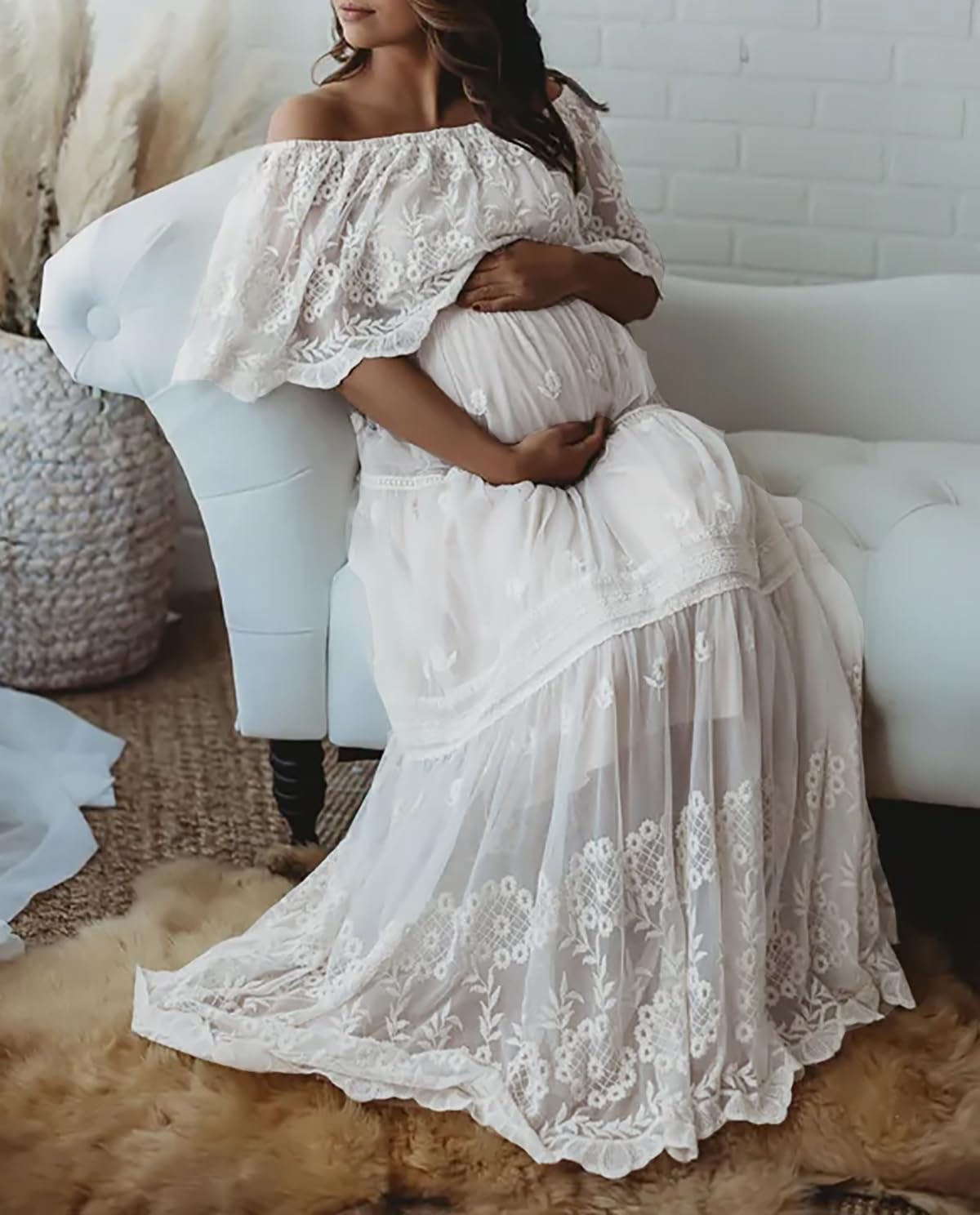 Vestido de novia de encaje con hombros descubiertos para mujer, estilo bohemio, dama de honor, fiesta, maternidad, sesión de fotos, maxi vestidos