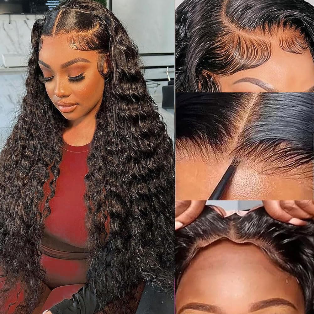 Ready to Wear Glueless Wigs Human Hair Pre Plucked Pre Cut 180% Density Deep Wave Lace Front Wigs For Women 4×4 HD Lace Closure Human Hair Curly Wigs Natural Black 20 Inch