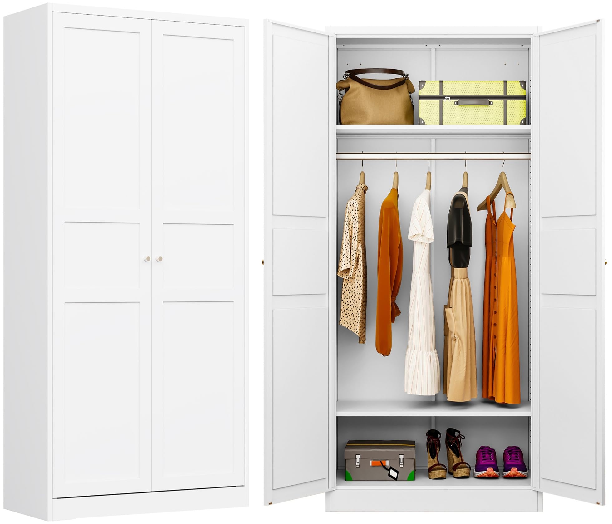 Metal Wardrobe Cabinet,Armoire Wardrobe Closet with doors,White Metal Clothing Storage Cabinet with Adjustable Shelves and Hanging Rod,72" Tall Cloth