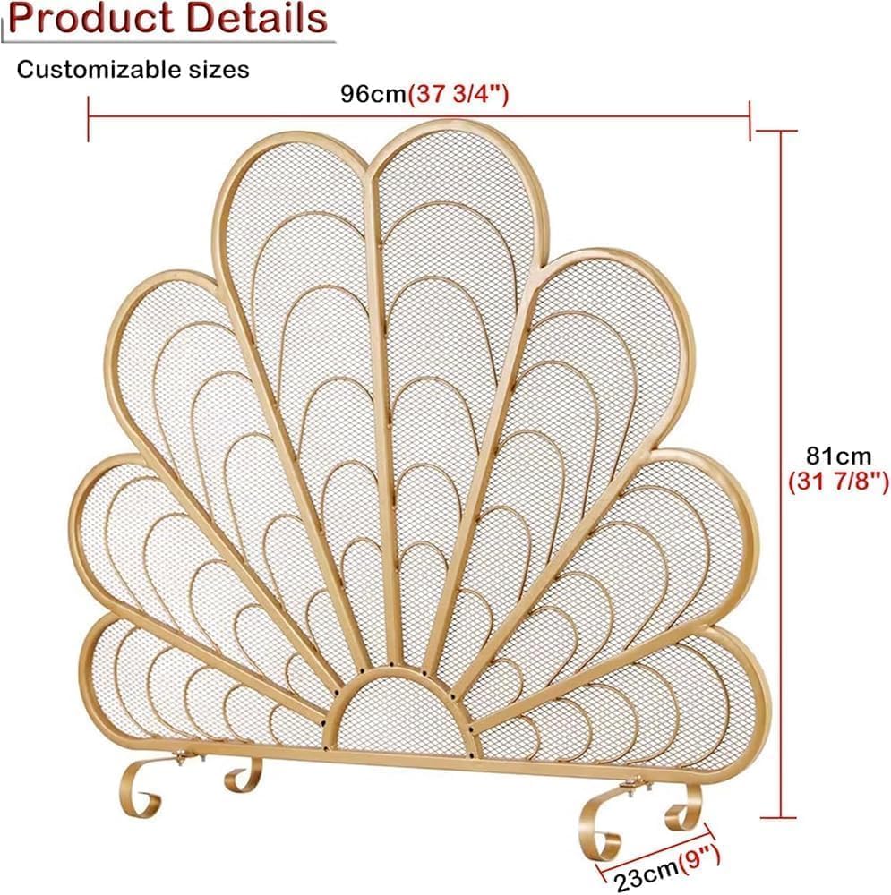 New Single Panel Fire Guards for Wood Burning Fireplace, 38"" W X 32"" H Peacock-Shaped Fireplace Screen Partition, Heat Resistant Stand Alone Fire Gate