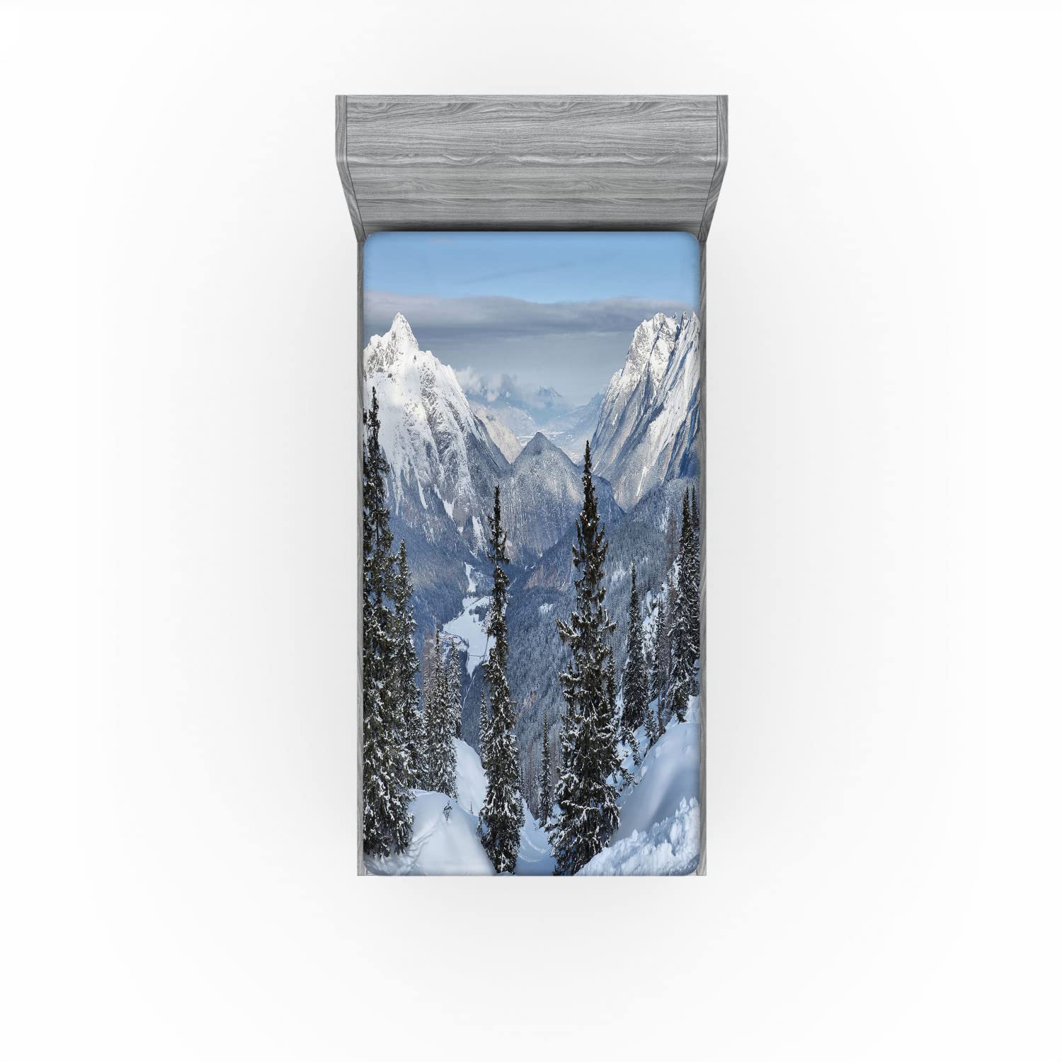 Ambesonne Winter 2 Pack Fitted Sheet, Woodland Snowy Mountain, Bed Cover All-Round Elastic Deep Pockets 2 Pieces, Package Contains 2 Twin Size Fitted Sheets, Green White