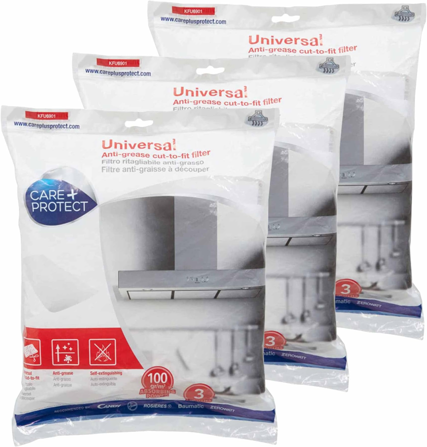 Care+Protect Cooker Hood Filter - Universal - Cut-to-Size - Anti-Grease - Anti-Odour - Self-Extinguishing - Size 47x97 cm - Absorbency 100 g-sq-m - x3