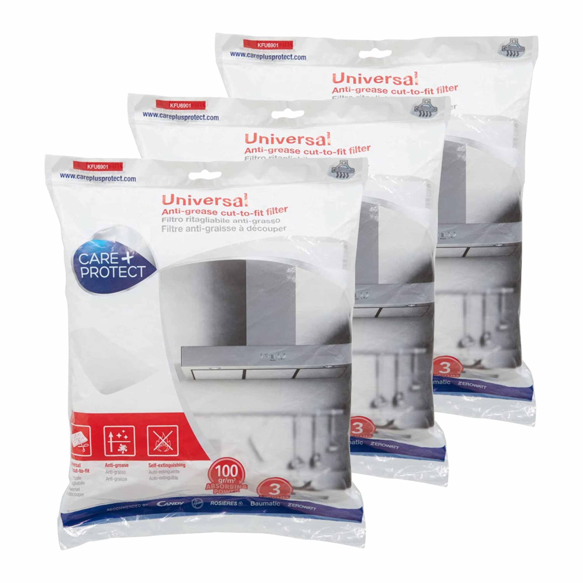Care+Protect Cooker Hood Filter - Universal - Cut-to-Size - Anti-Grease - Anti-Odour - Self-Extinguishing - Size 47x97 cm - Absorbency 100 g-sq-m - x3
