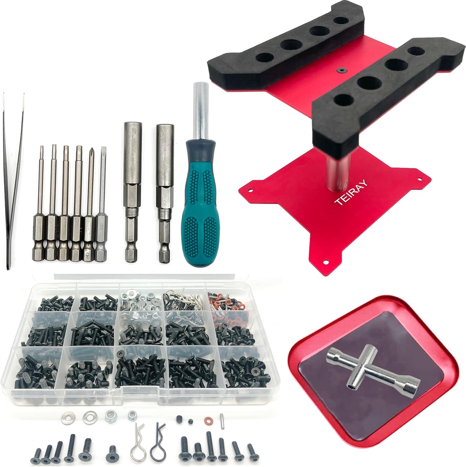 RC Car Repair Work Stand Repair Tool Set 360 Degree Rotation and 600 PCS RC Screws Kit and Screws Pallet Kit and RC Screwdrivers for 1/8 1/10 1/12 1/16 1/18 RC Car Truck Crawler (Blue)