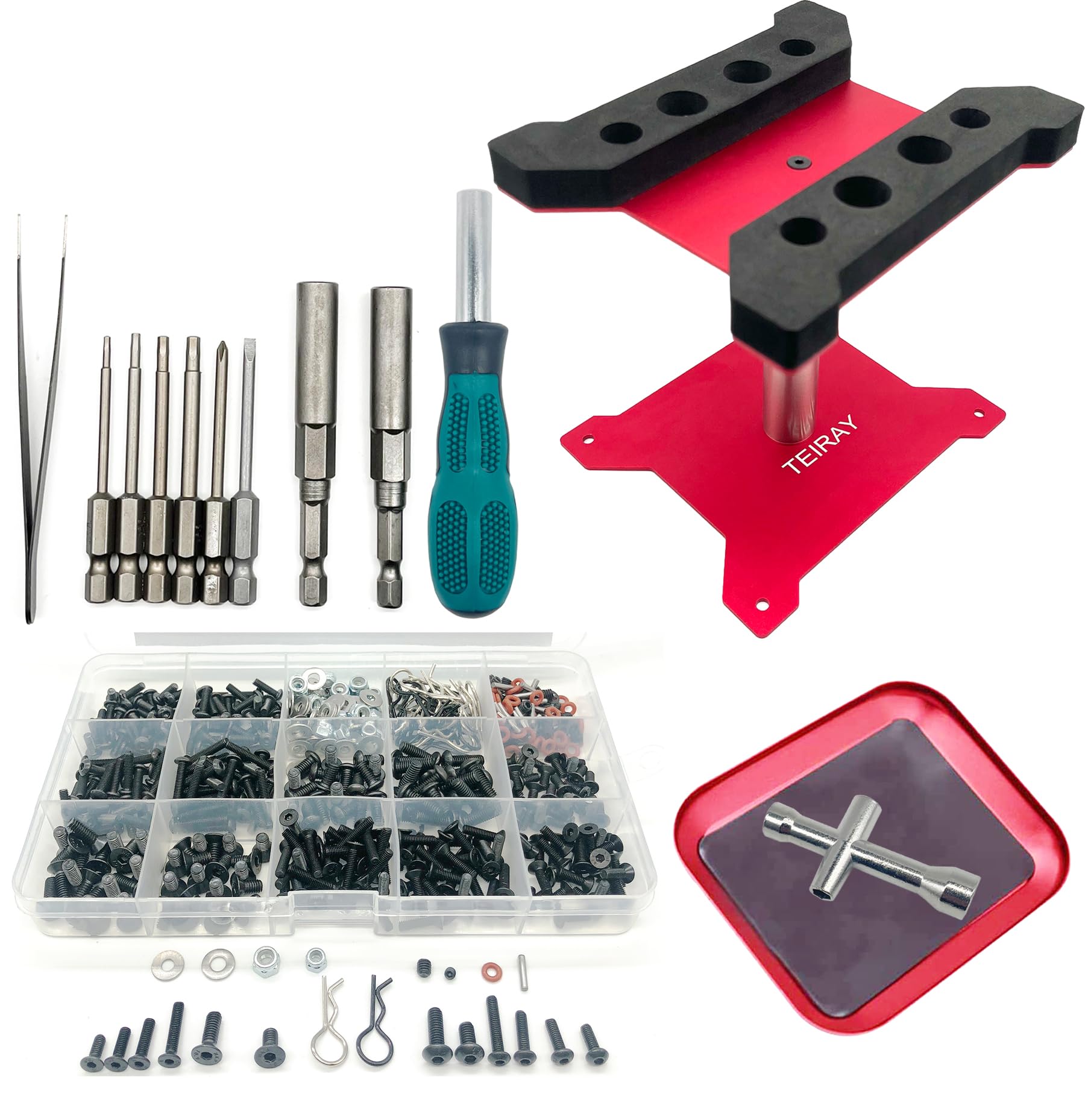 TEIRAY RC Car Repair Work Stand Repair Tool Set 360 Degree Rotation and 600 PCS RC Screws Kit and Screws Pallet Kit and RC Screwdrivers for 1/8 1/10 1