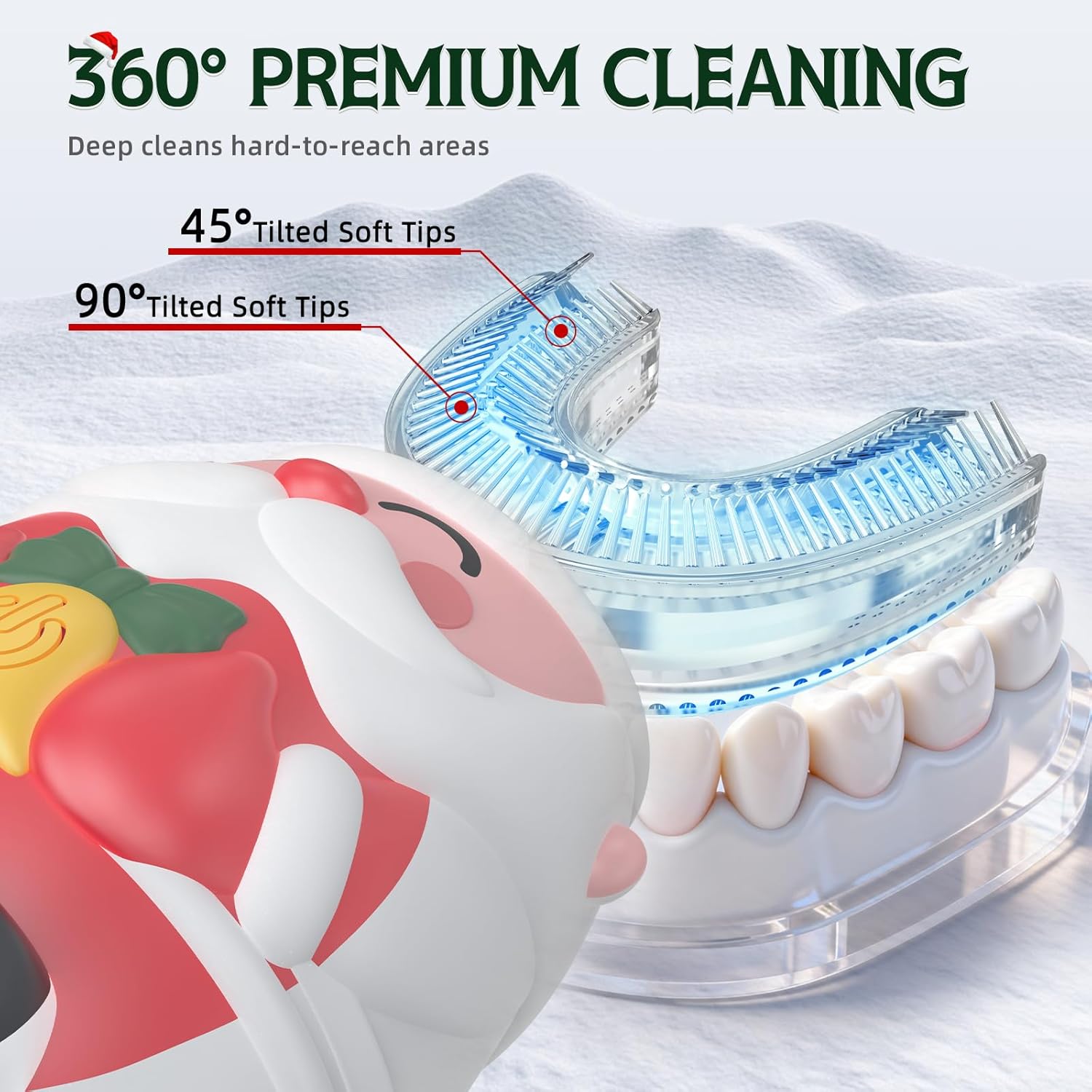 Kids U-Shaped Electric Toothbrush with 4 Brush Heads, Sonic Toothbrush Kids with 5 Modes & 60s Timer, Cartoon Santa Claus 360-Degree Cleaning, IP64 Waterproof & Dustproof (Ages 7-14)