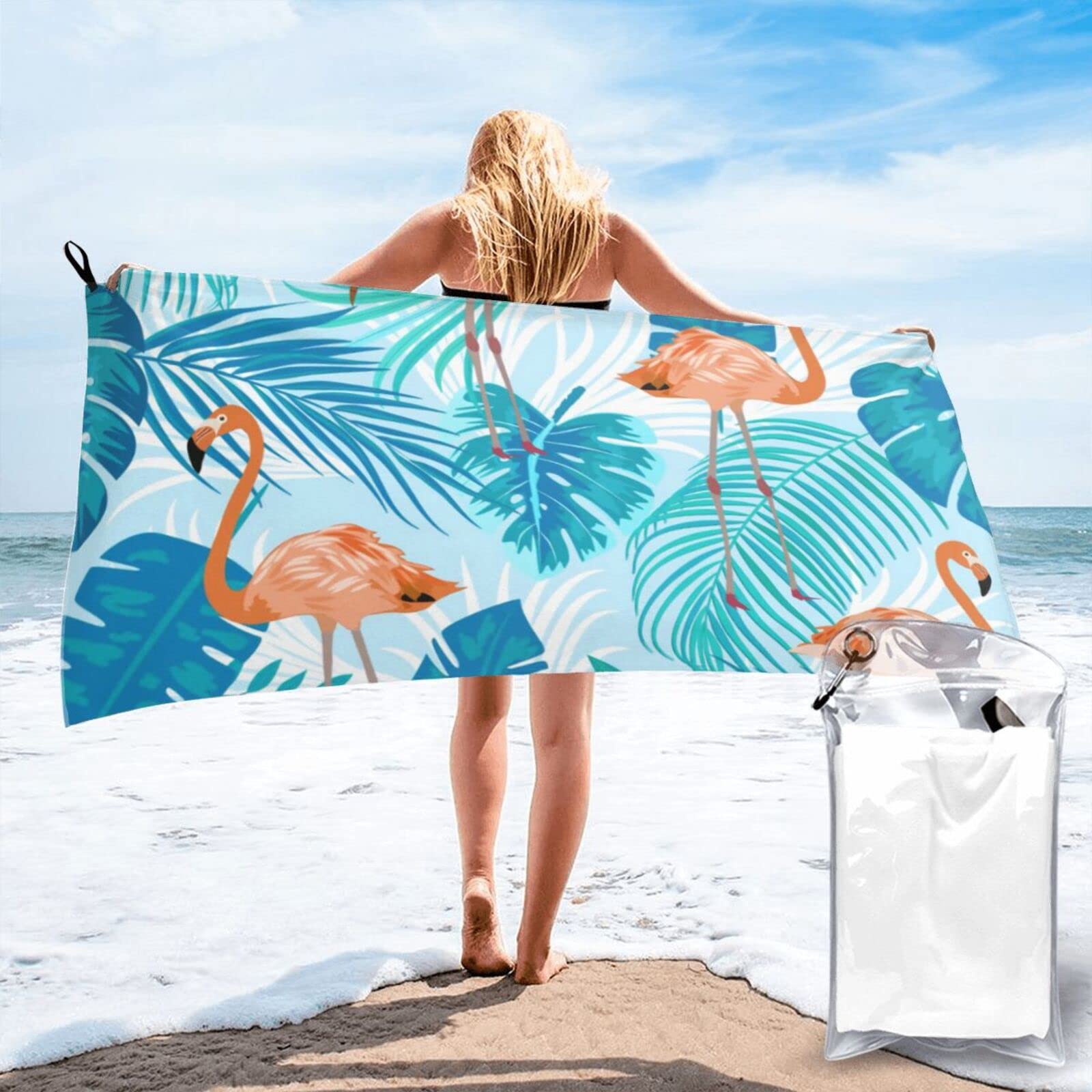 Lawenp Flamingos Palm Leaves Microfiber Beach Towel Adults Large Quick Drying Bath Towel Travel Towels with Pouch 31.5"x63"