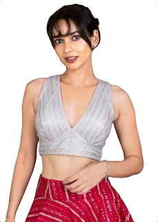 FIGURE'S DESIGNER Women's Sequin Embroidered SabyaSachi Cut V Neck Sleeveless Readymade Saree Blouse E24 Price In India