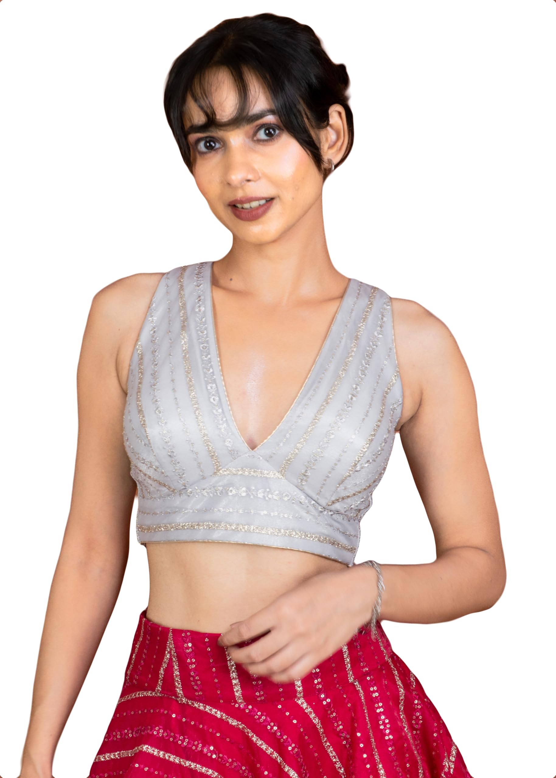 Women's Sequin Embroidered SabyaSachi Cut V Neck Sleeveless Readymade Saree Blouse E24