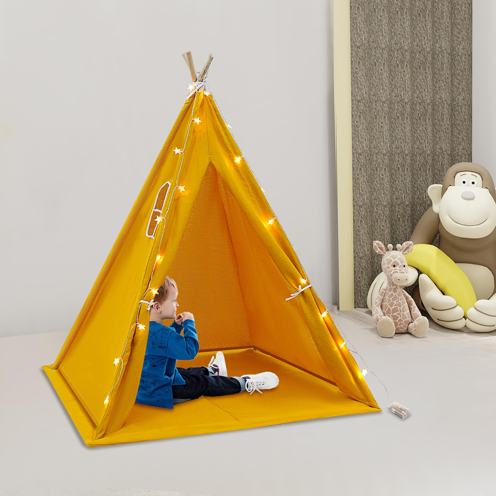 Tipi Jaune 1,6 M Pour Enfant – Tente Pliable Avec Tapis Et Guirlande Lumineuse 3 M – Pour Intérieur, Jardin, Camping